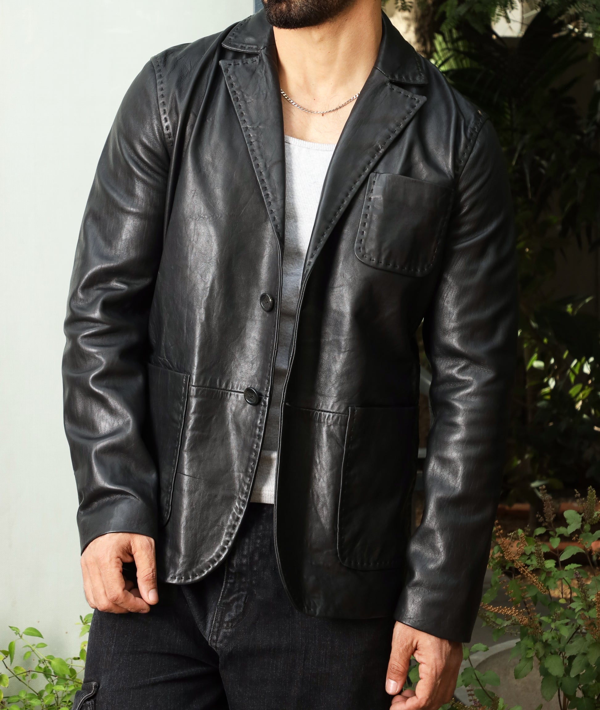 Lambskin Leather Blazer Men Casual Coat (Black)