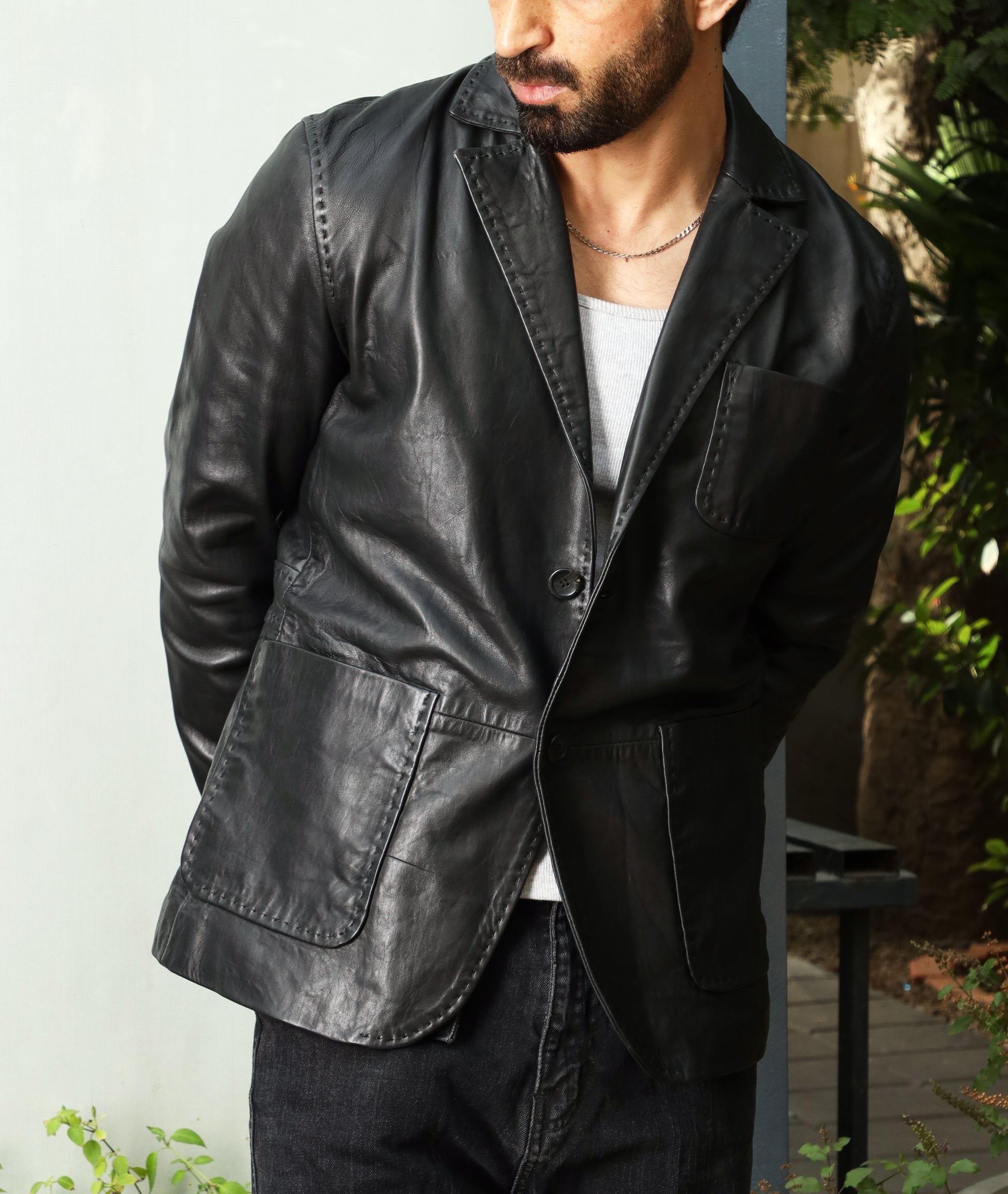 Lambskin Leather Blazer Men Casual Coat (Black)