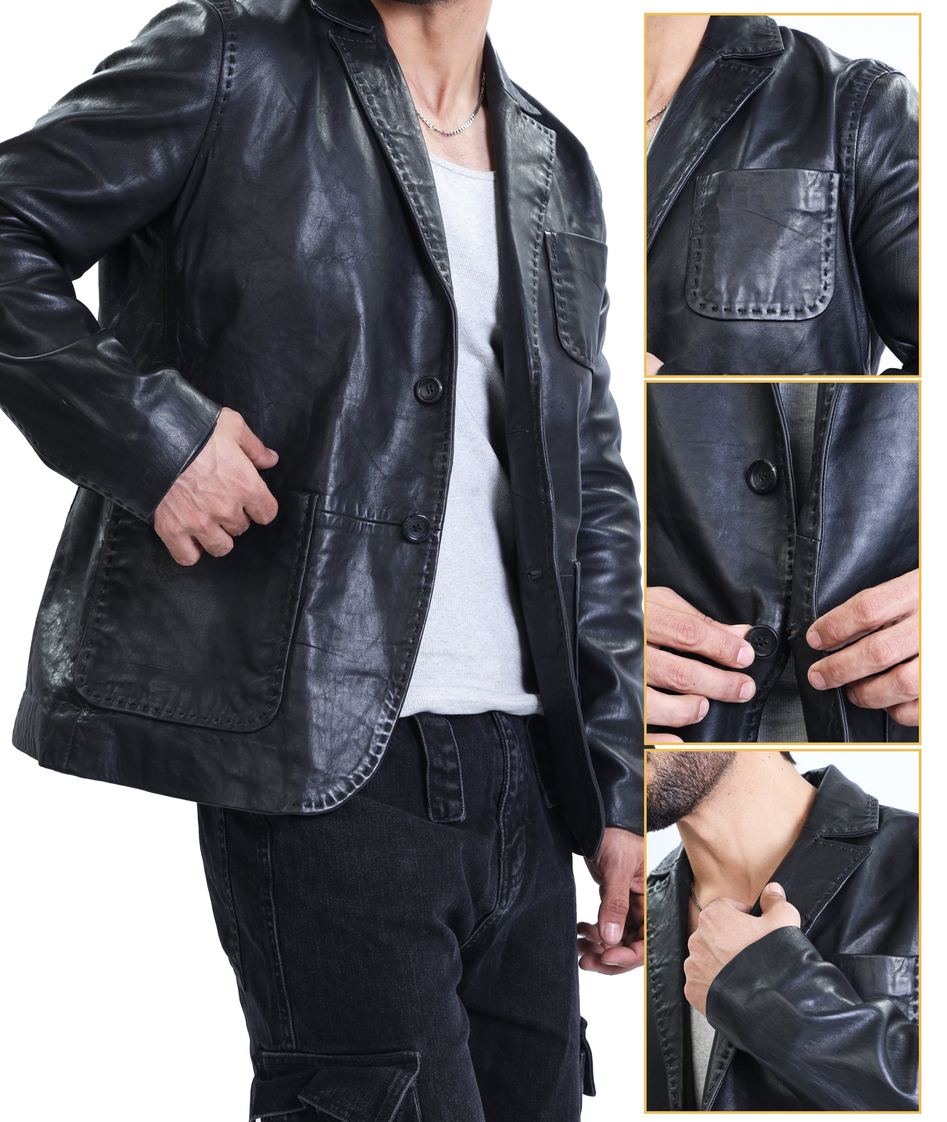 Lambskin Leather Blazer Men Casual Coat (Black)