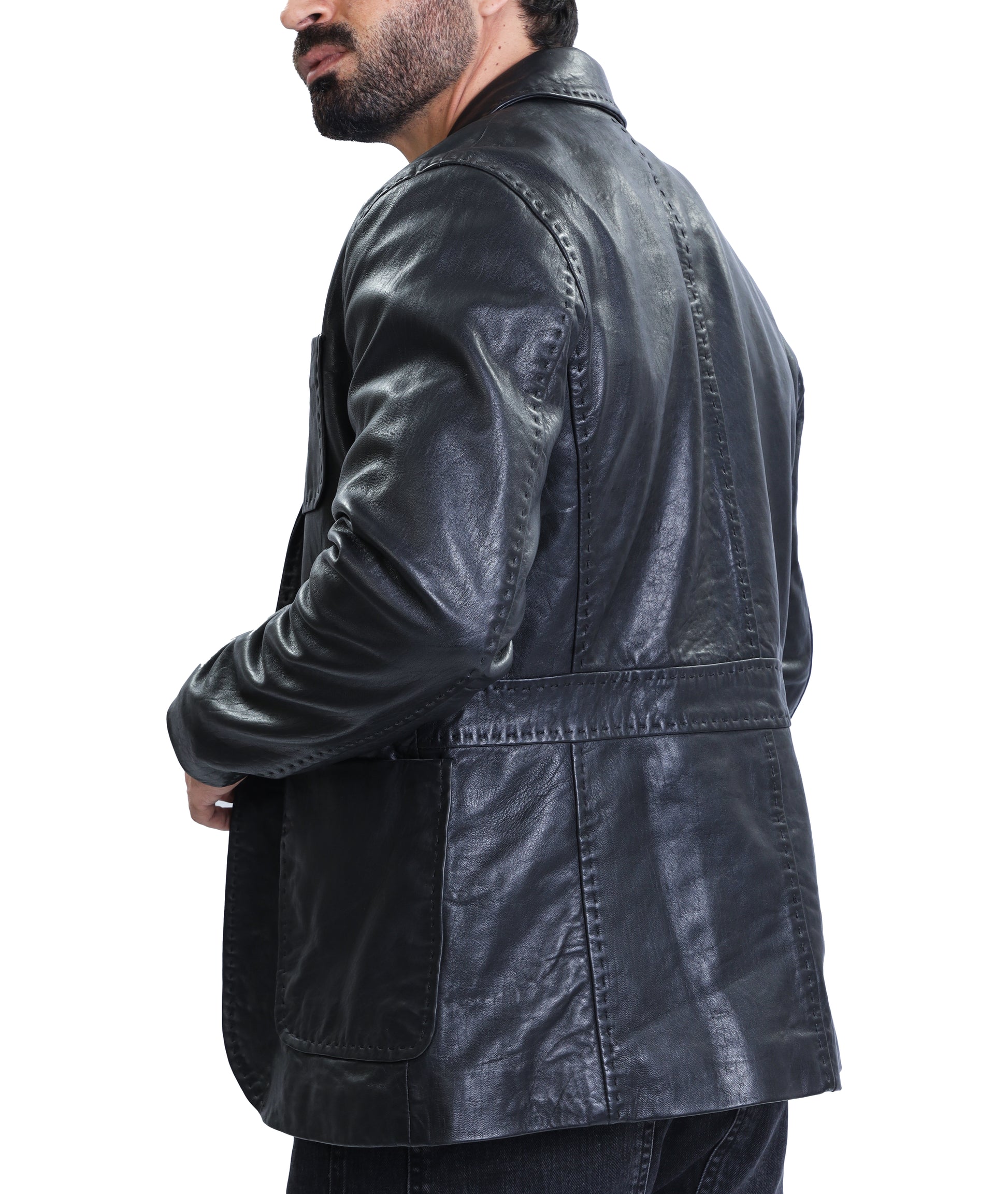 Lambskin Leather Blazer Men Casual Coat (Black)