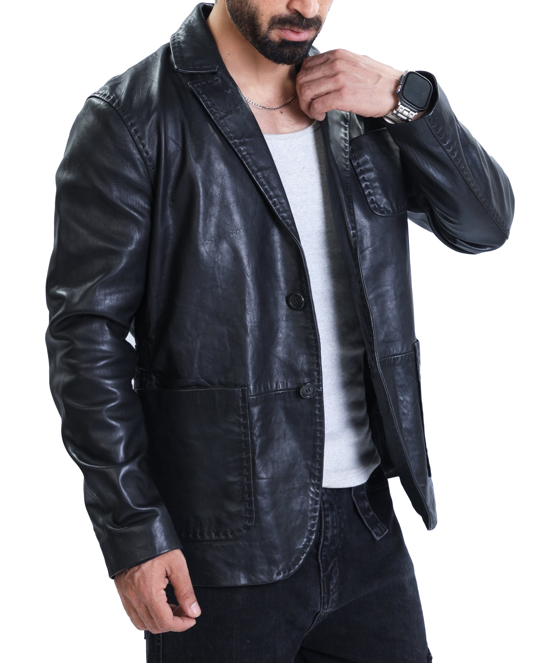 Lambskin Leather Blazer Men Casual Coat (Black)