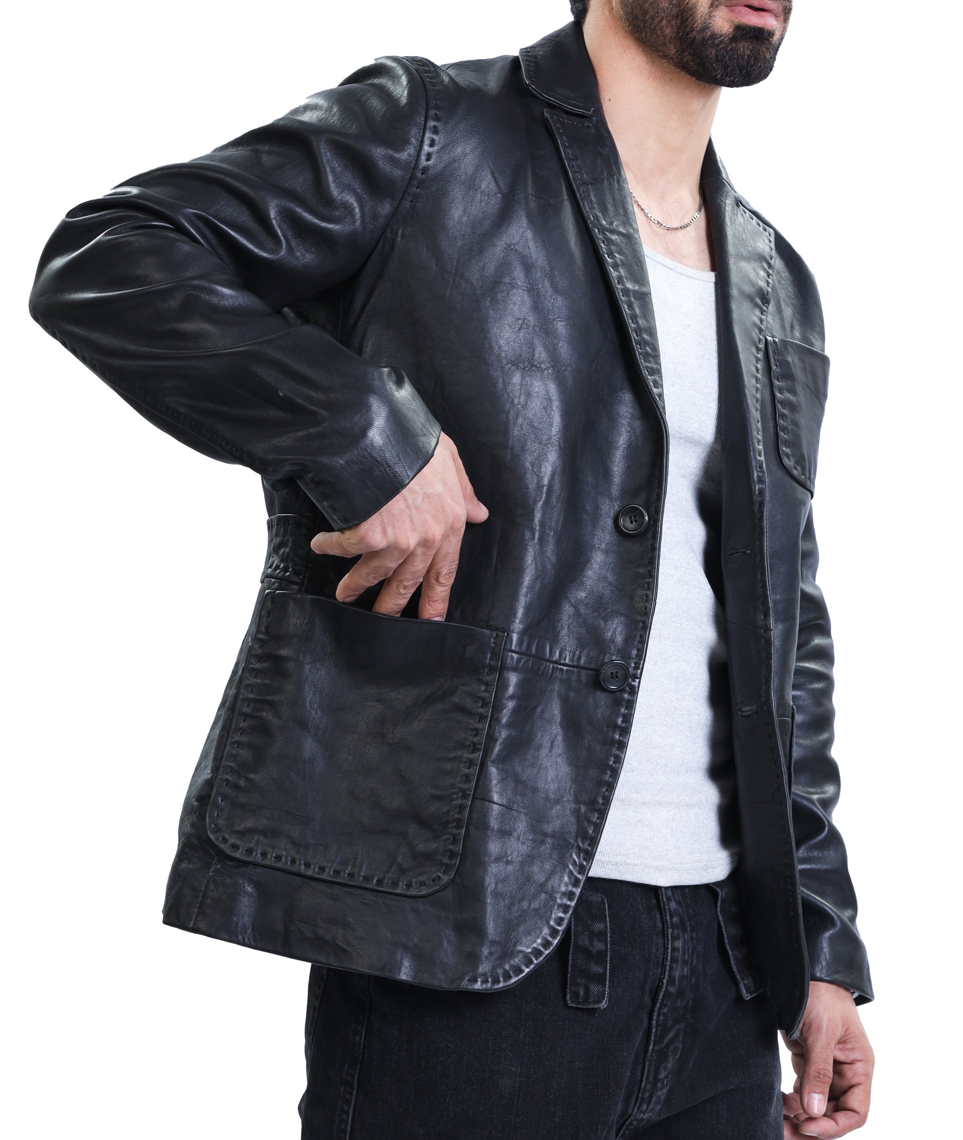 Lambskin Leather Blazer Men Casual Coat (Black)