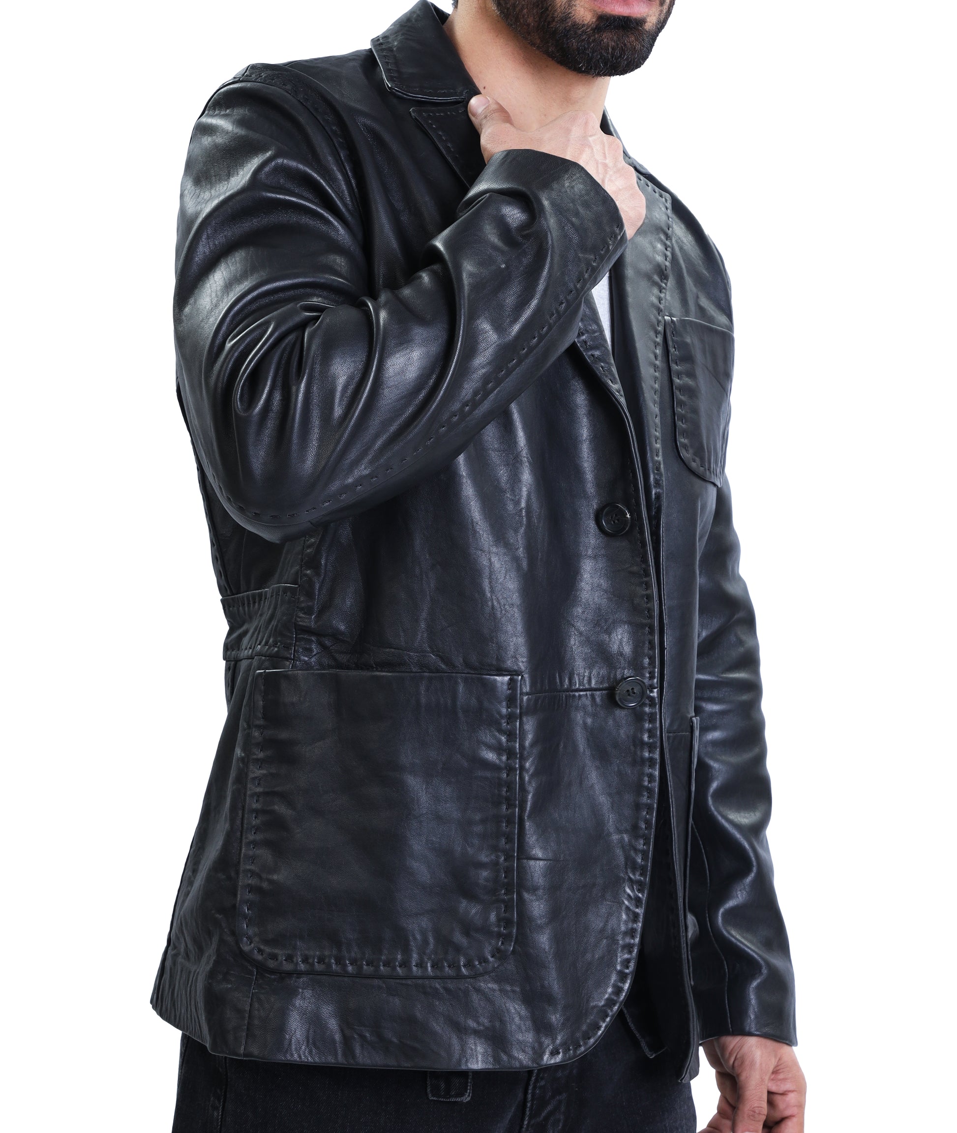 Lambskin Leather Blazer Men Casual Coat (Black)