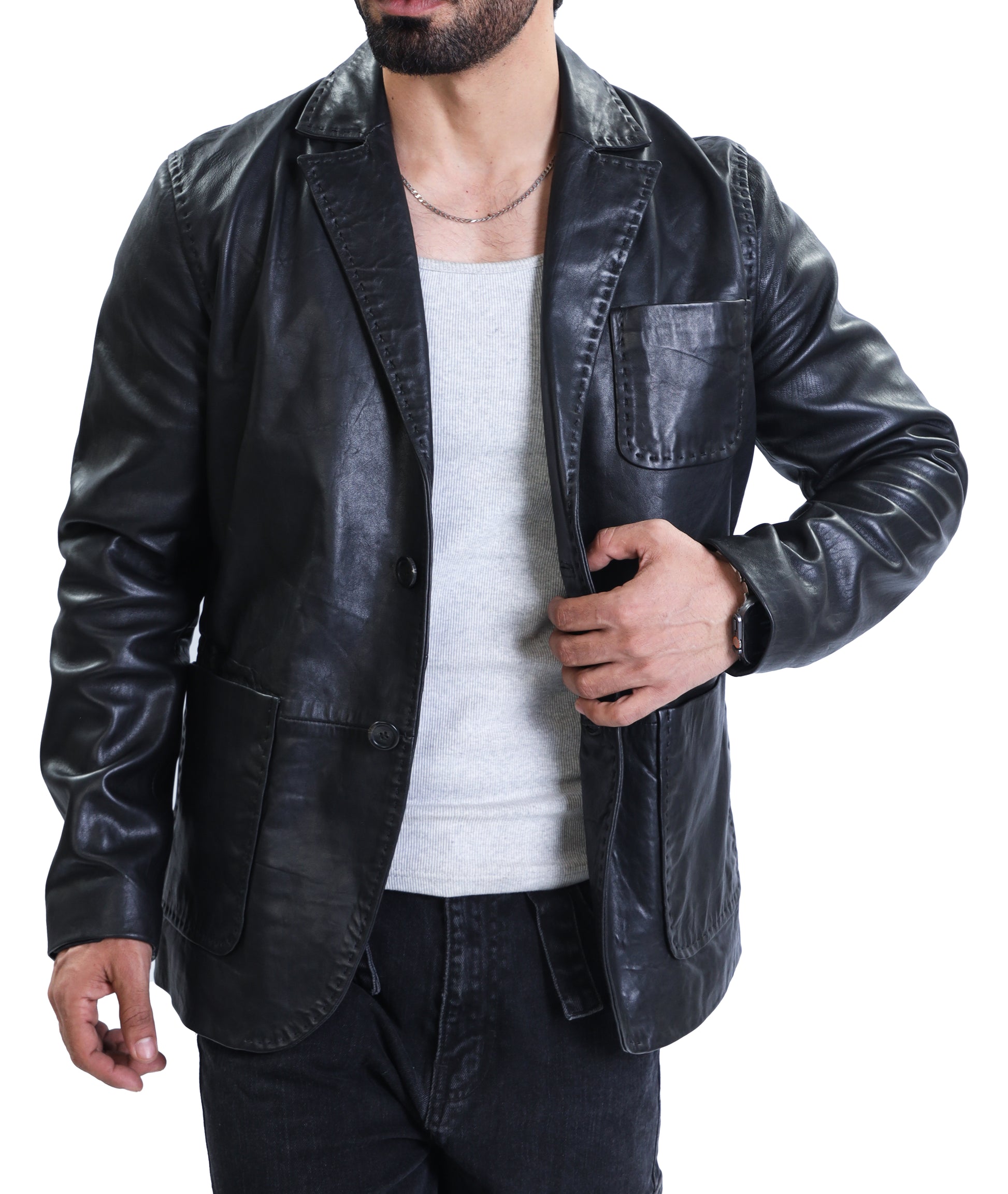 Lambskin Leather Blazer Men Casual Coat (Black)