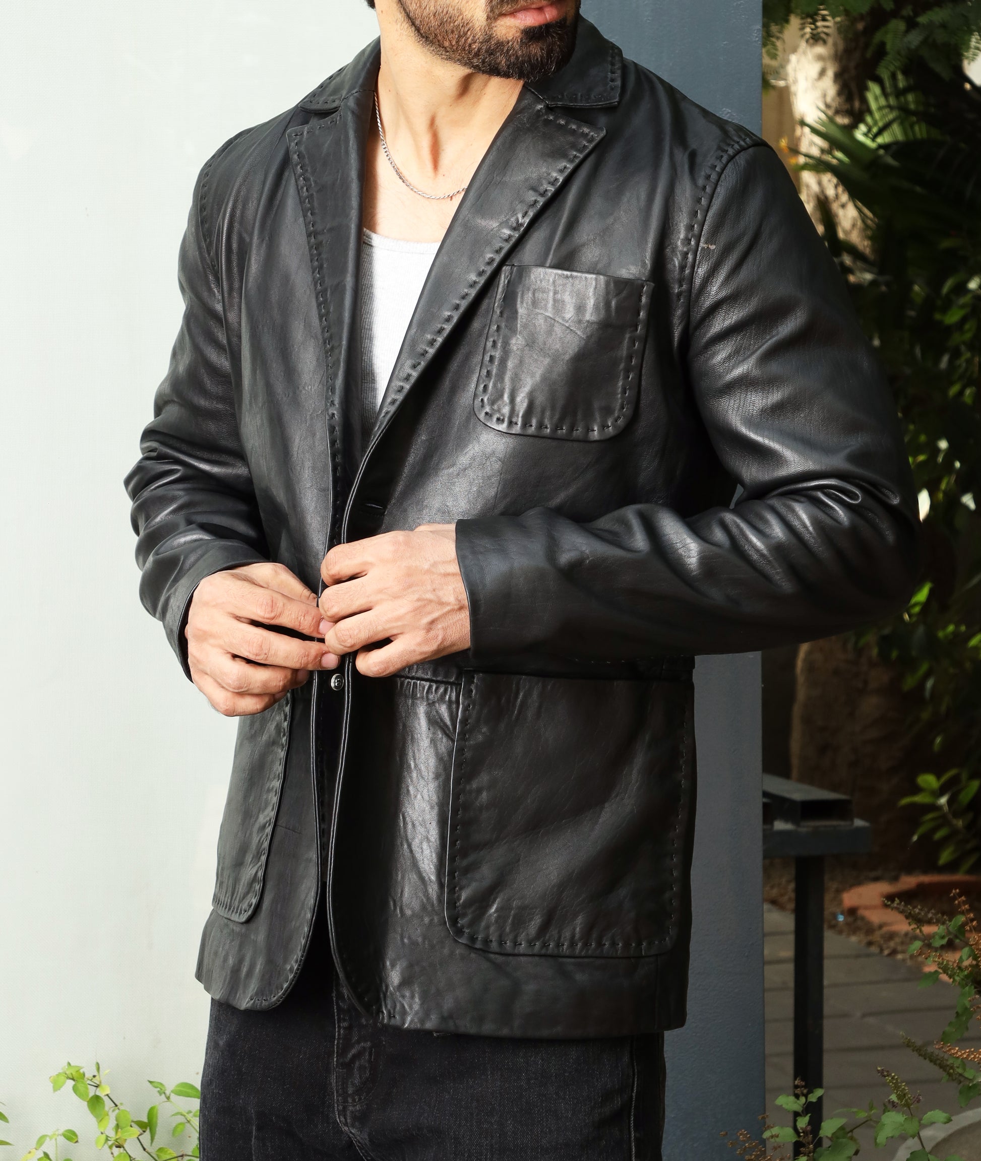 Lambskin Leather Blazer Men Casual Coat (Black)
