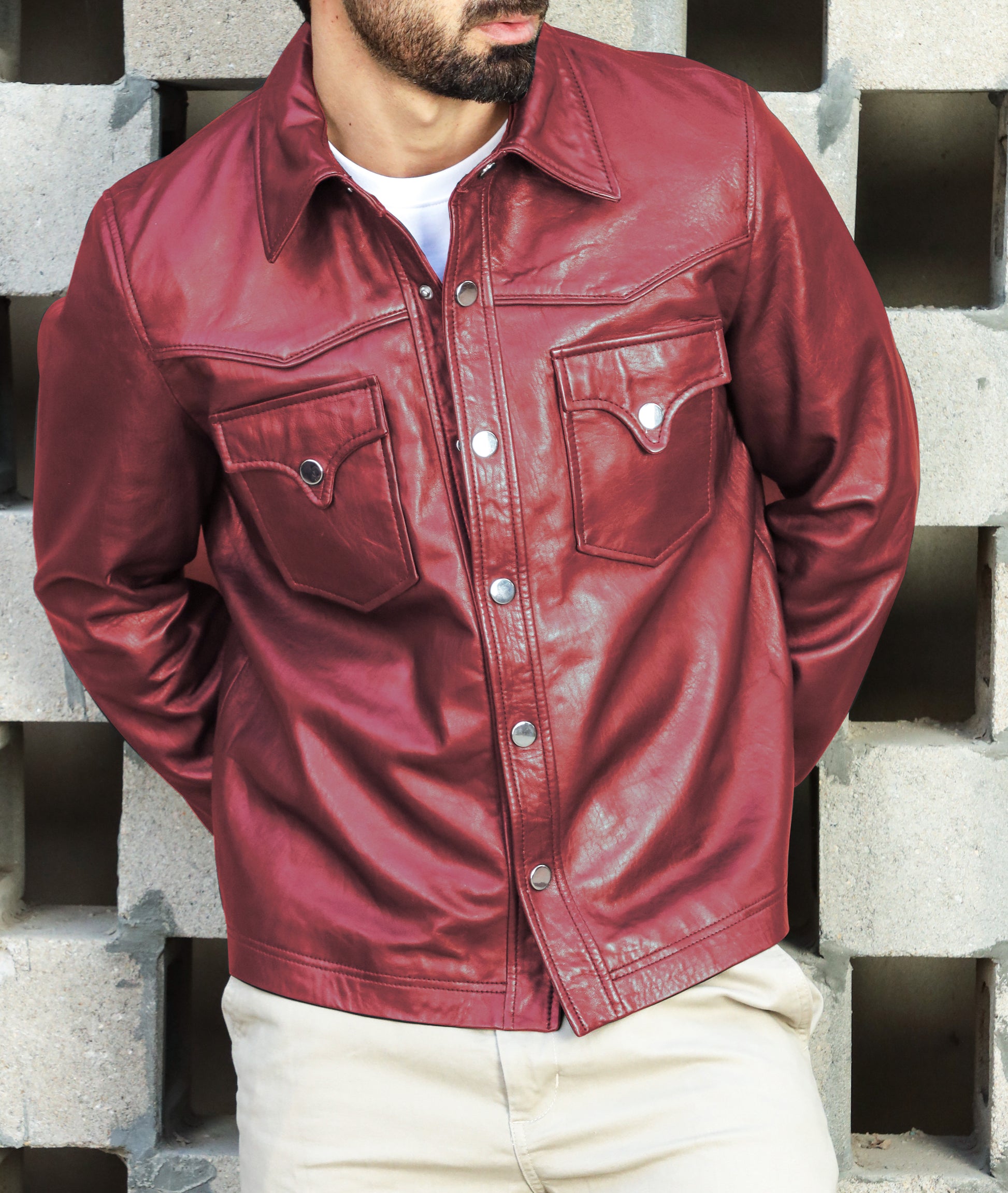 Leather Shirt - Lambskin Leather Blazer Men (Burgundy)