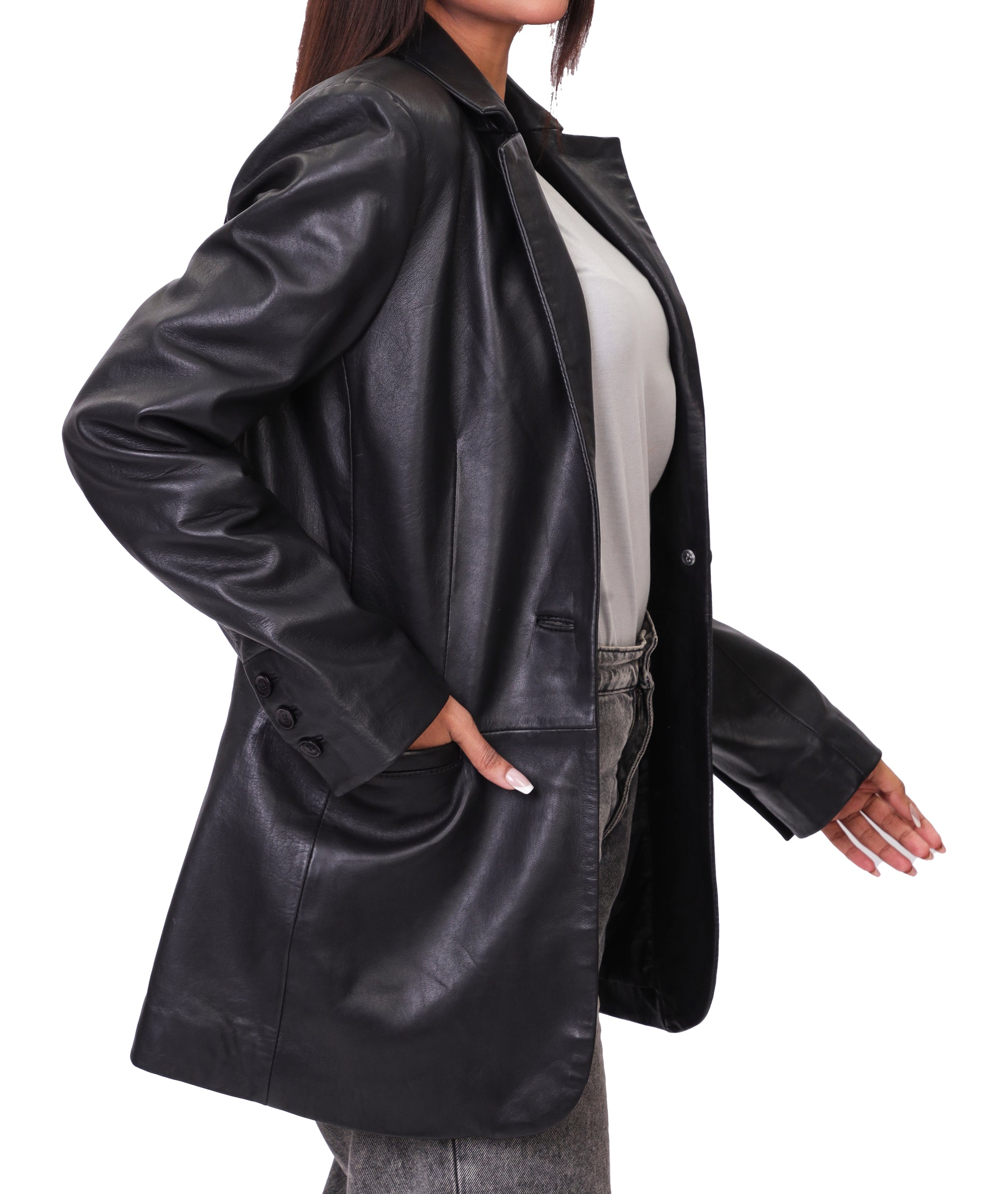 Classic 2-Button Lambskin Leather Blazer (Black)