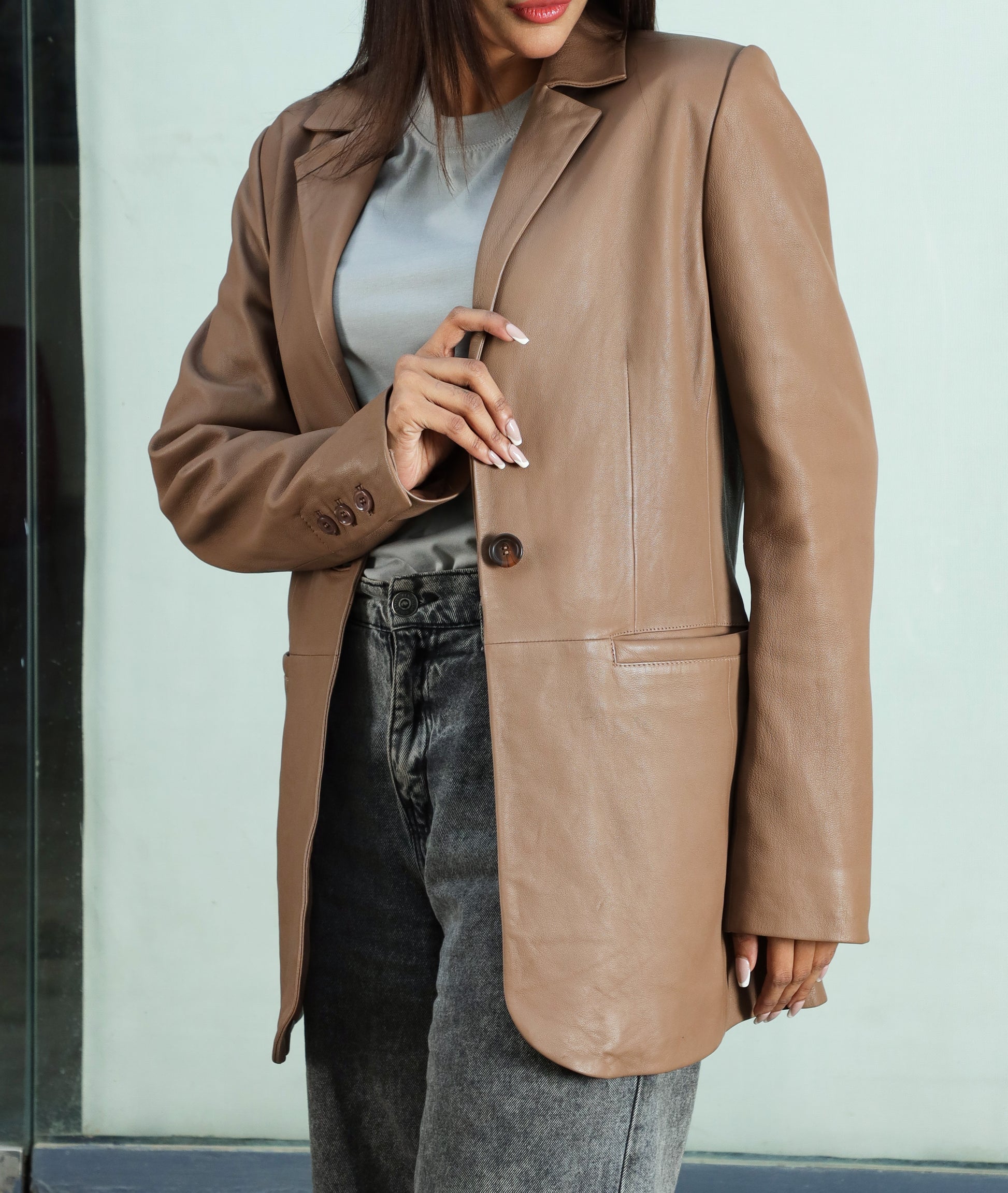 Classic 2-Button Lambskin Leather Blazer (Tan)