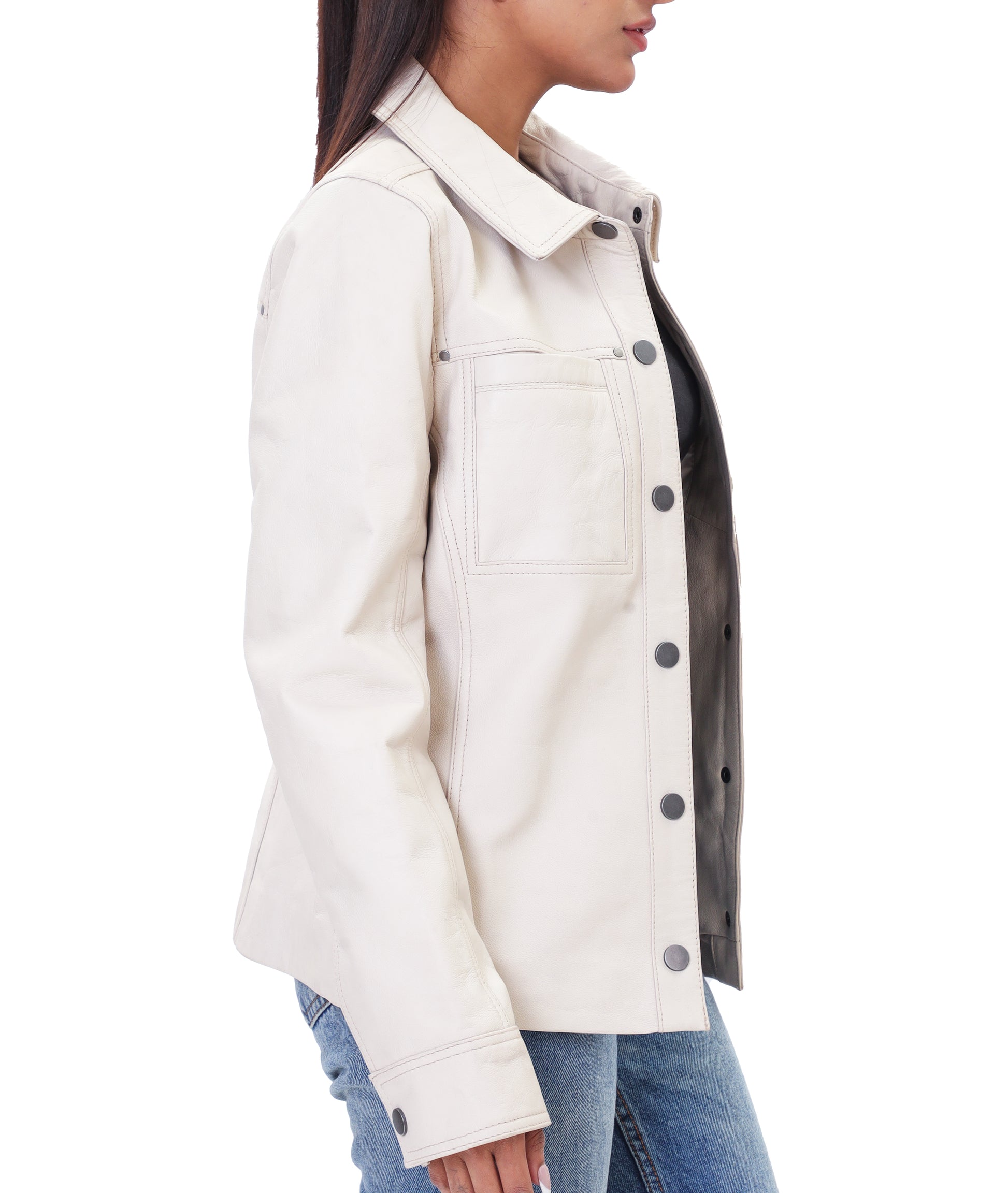 Button Front Lambskin Leather Blazer (Ash White)