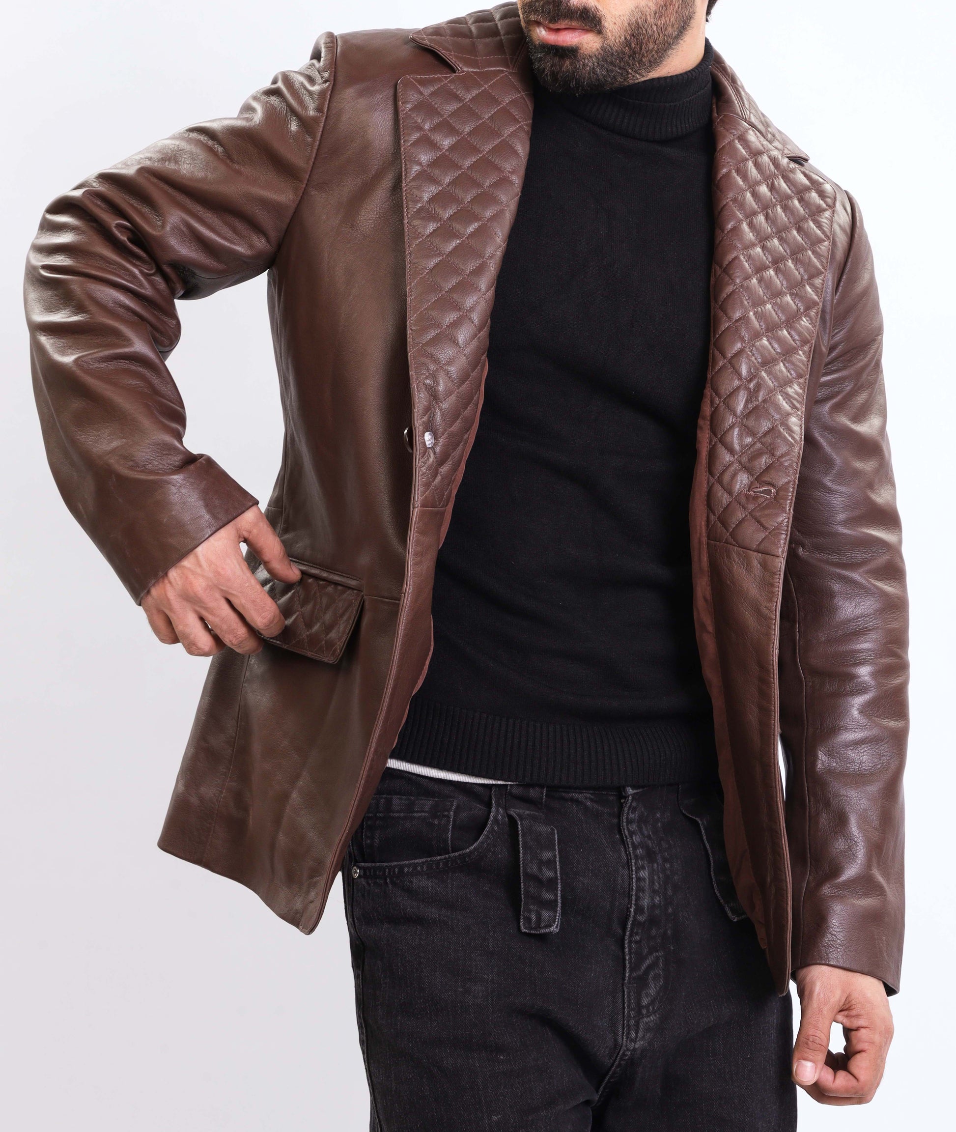 Notched Collar Lambskin Leather Blazer Men (Brown)