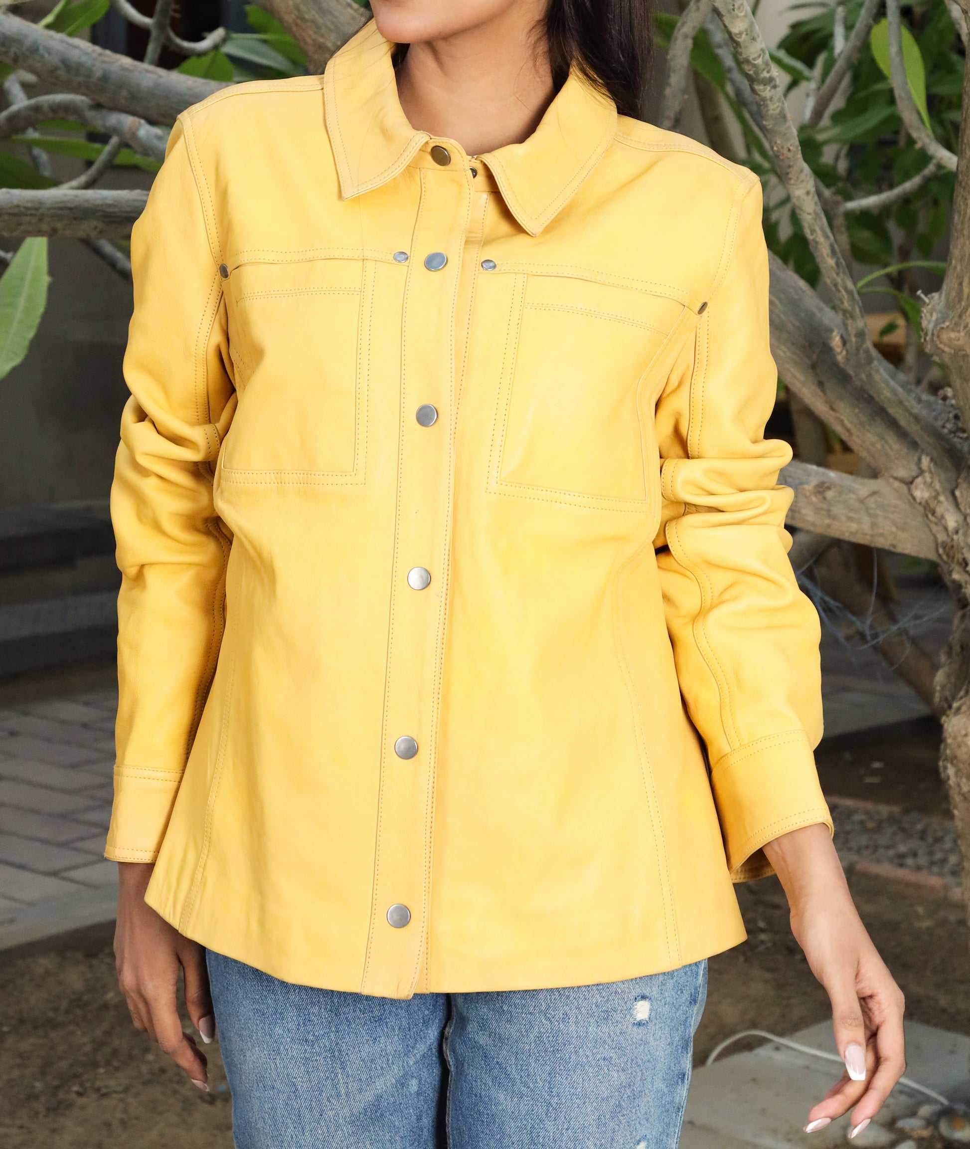 Button Front Lambskin Leather Blazer (Yellow)