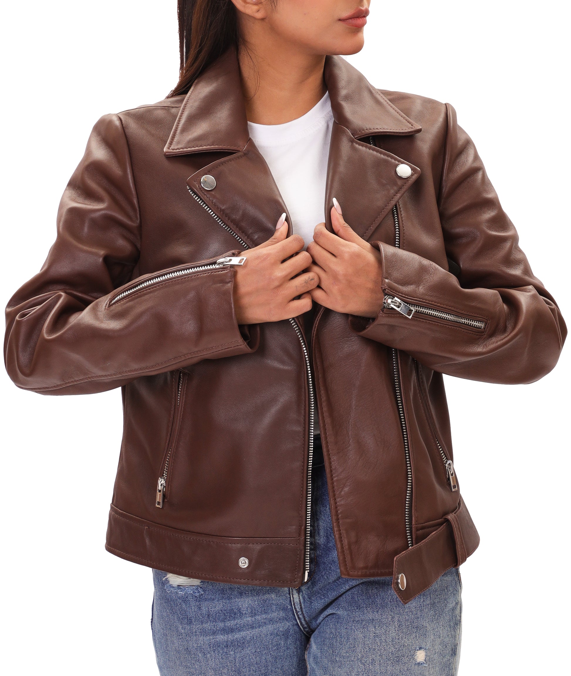 Biker Style Vintage Leather Jacket Women | Zipper (Brown)