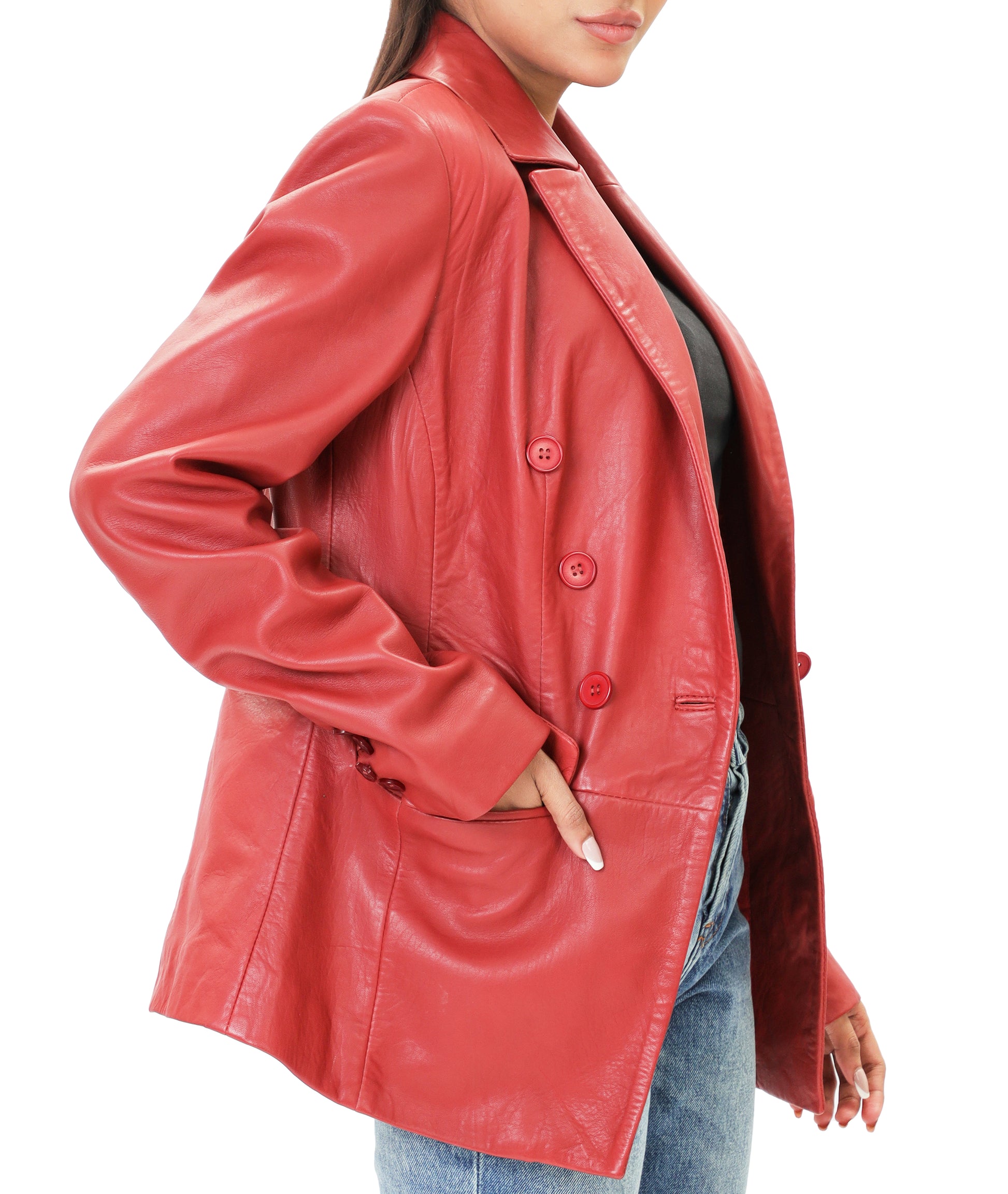 Double Breasted Fancy Buttons Lambskin Leather Blazer (Red)