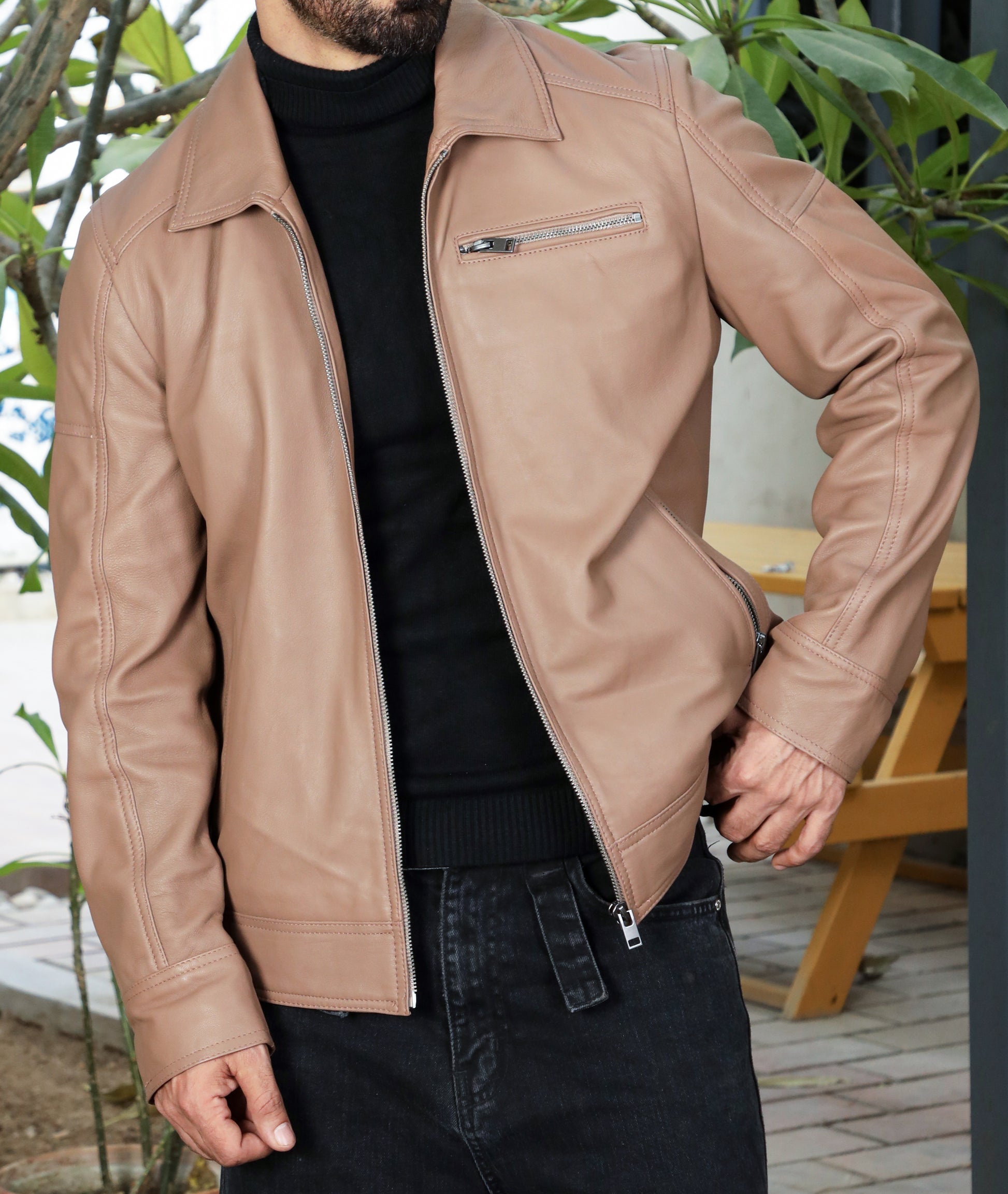 Polo Collar Premium Leather Jacket (Tan)