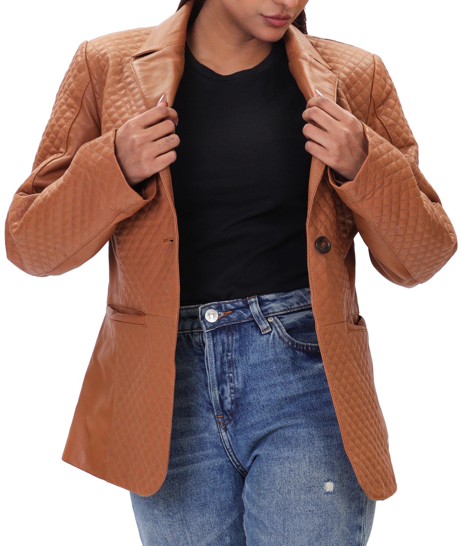 Quilted Front Lambskin Leather Blazer (Cognac)
