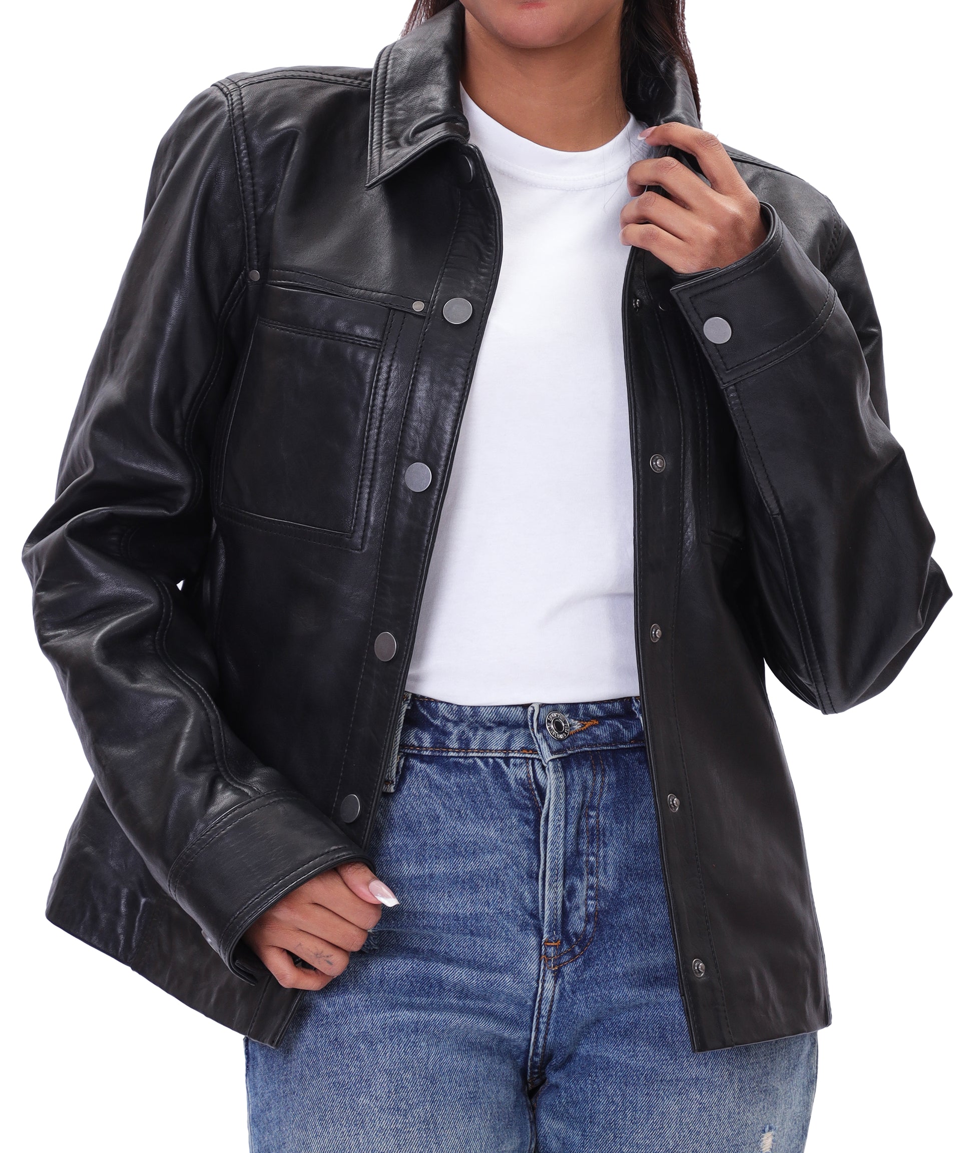 Button Front Lambskin Leather Blazer (Black)