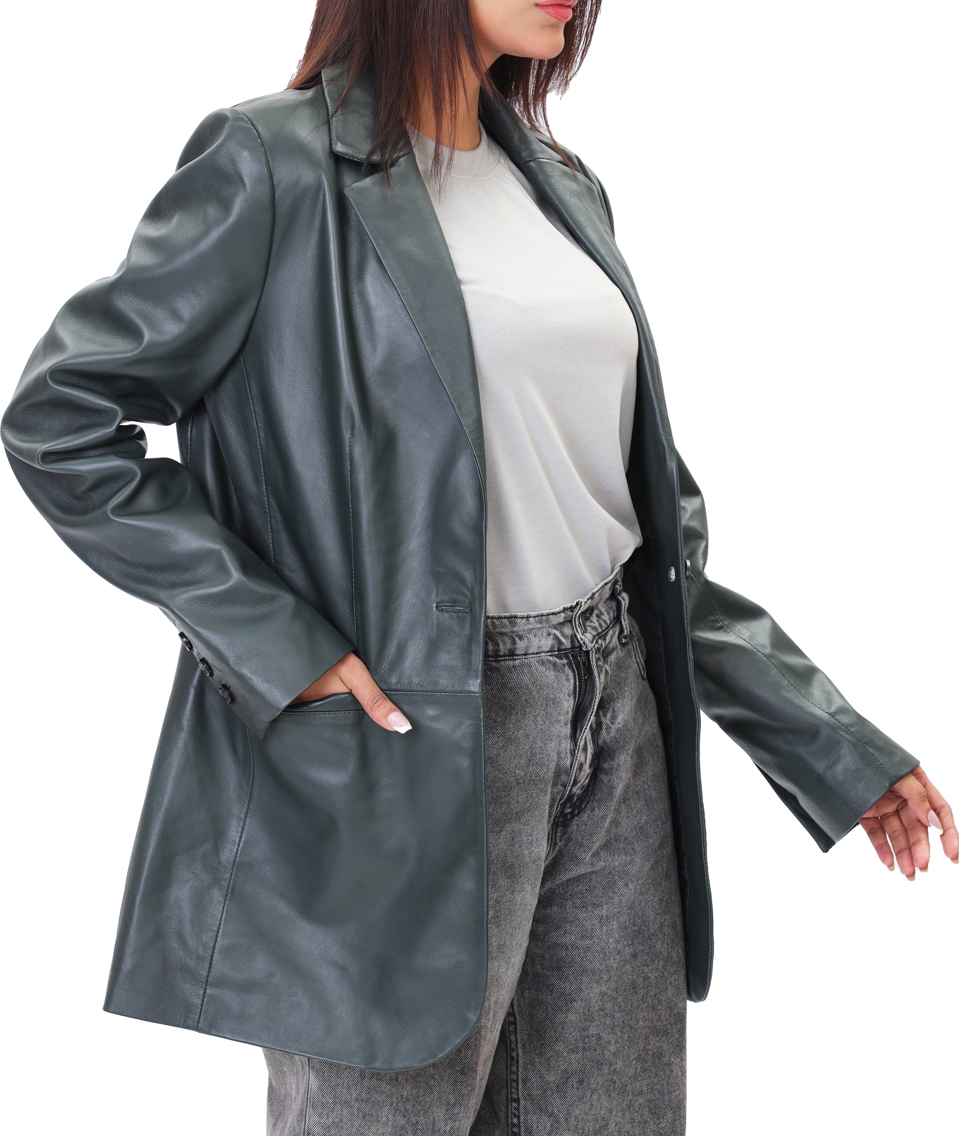 Classic 2-Button Lambskin Leather Blazer (Green)