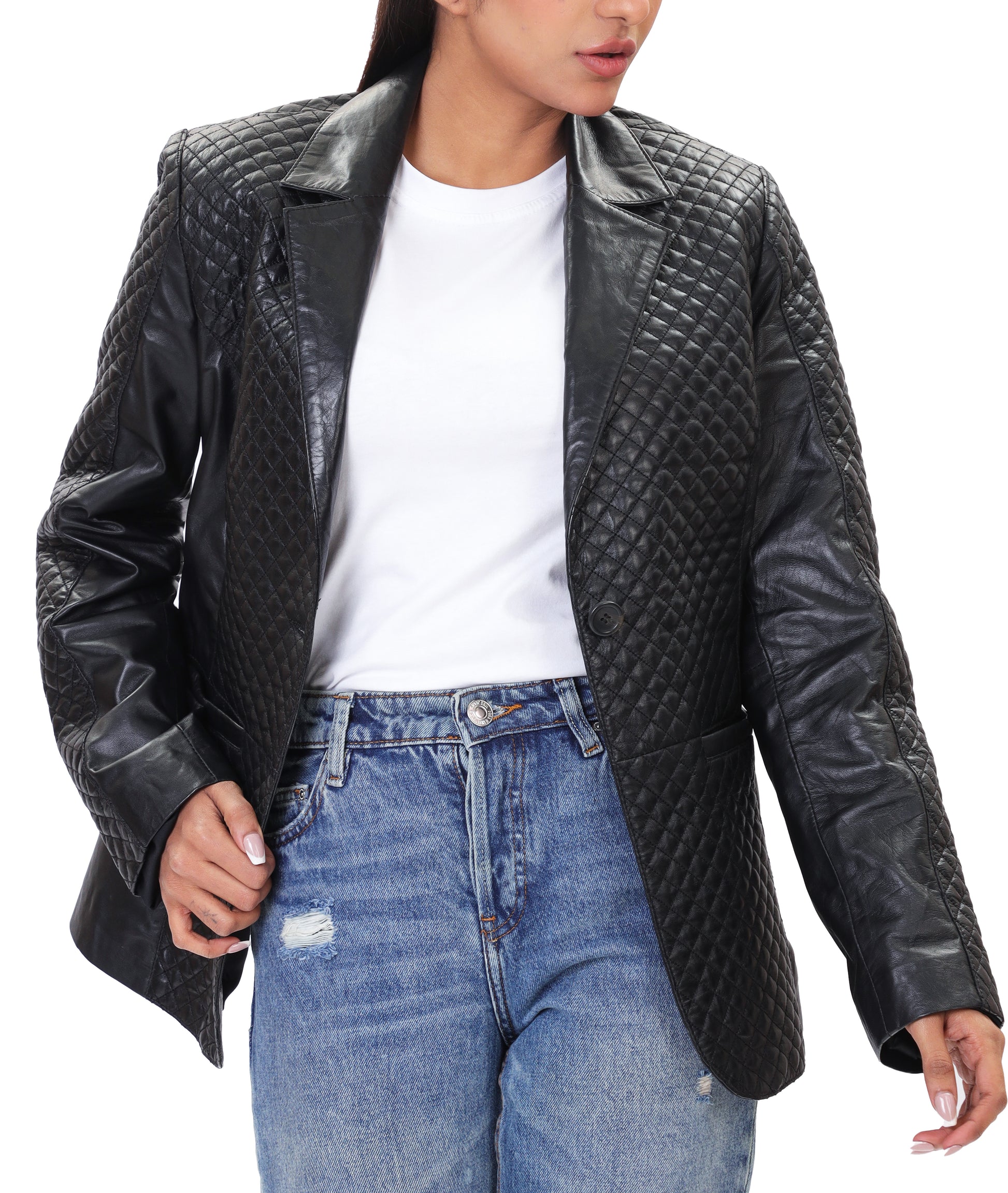 Quilted Front Lambskin Leather Blazer (Black)