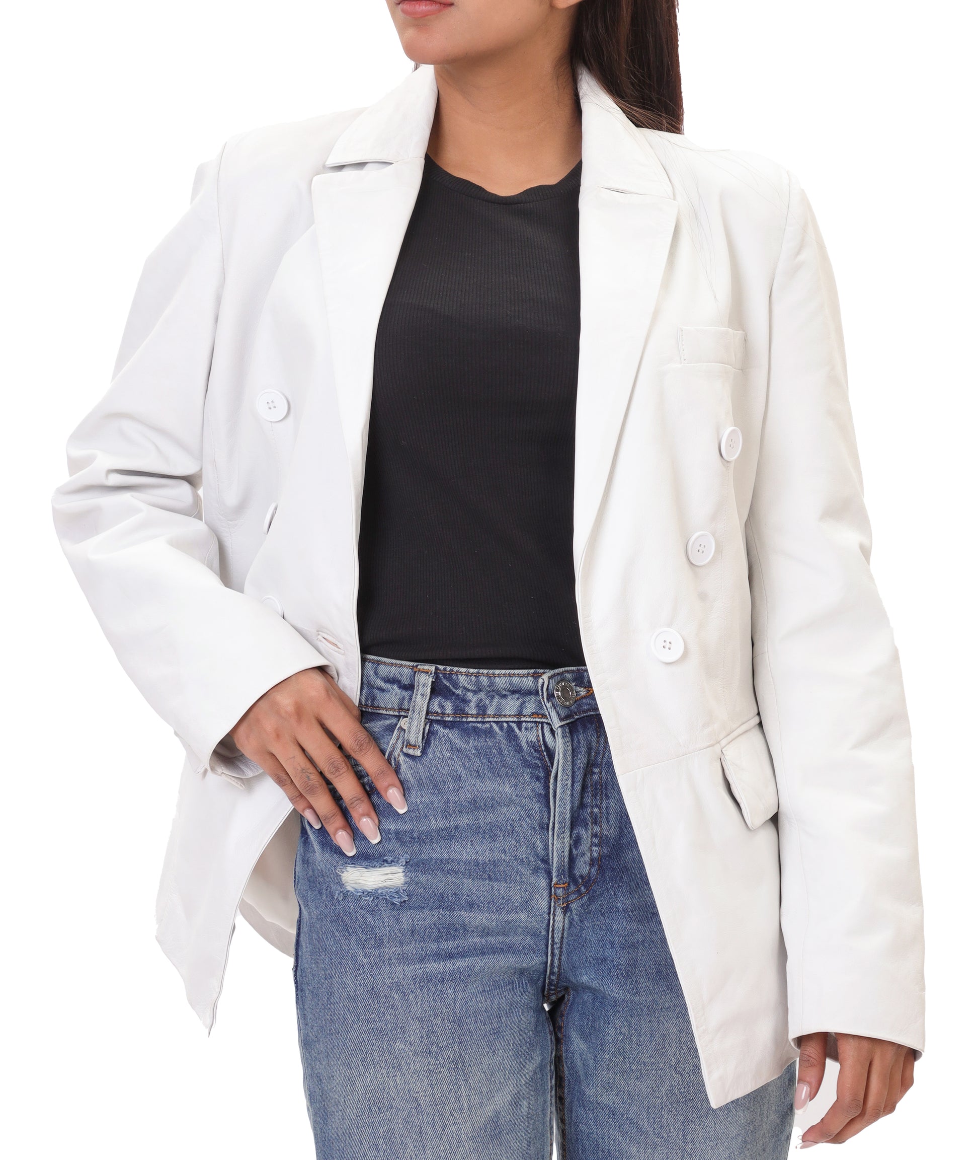 Double Breasted Fancy Buttons Lambskin Leather Blazer (White)