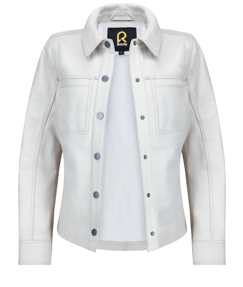Button Front Lambskin Leather Blazer (Ash White)