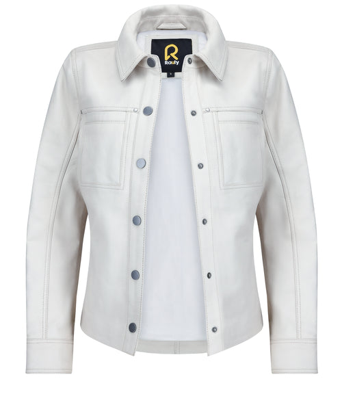 Button Front Lambskin Leather Blazer (Ash White)