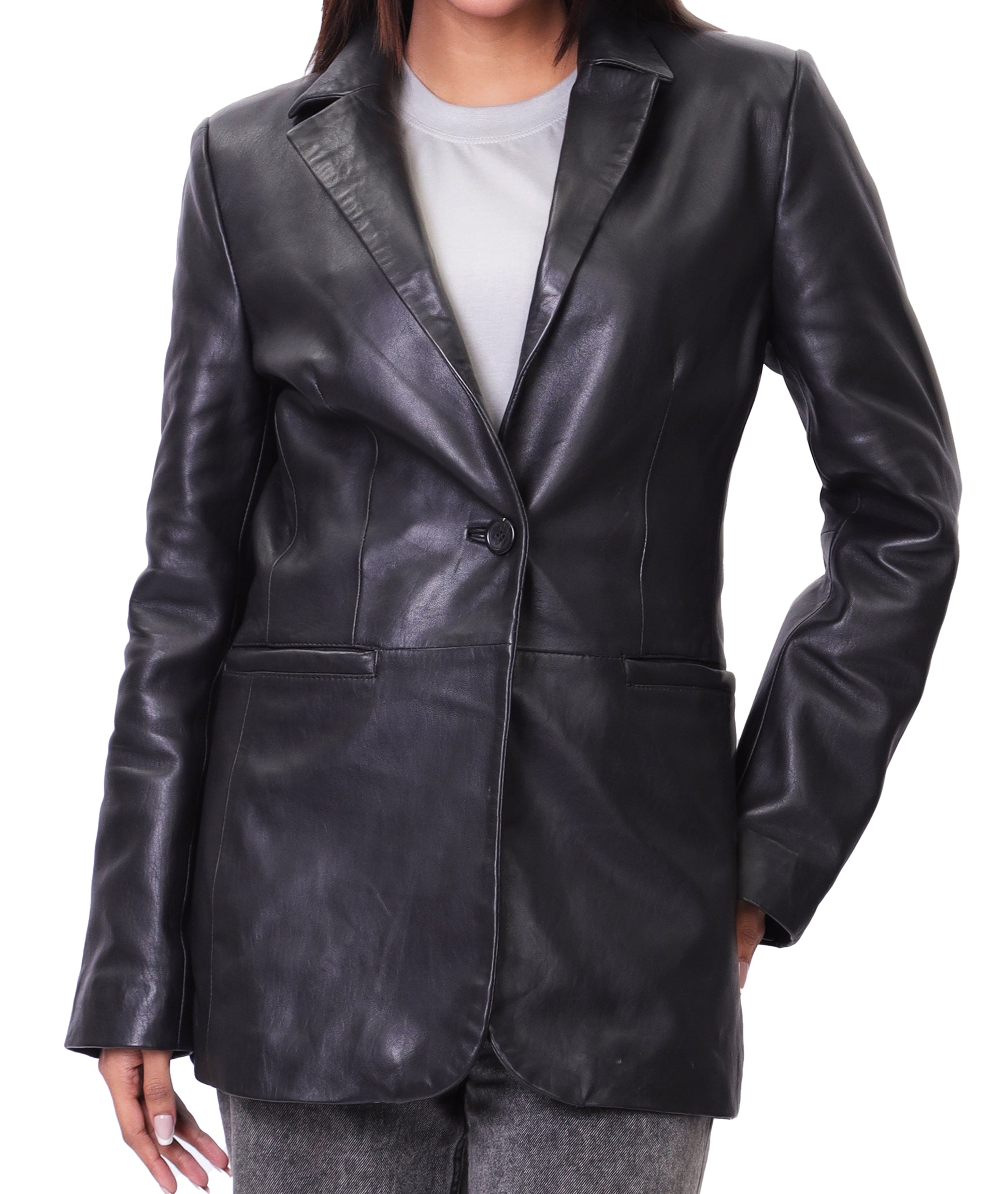 Classic 2-Button Lambskin Leather Blazer (Black)