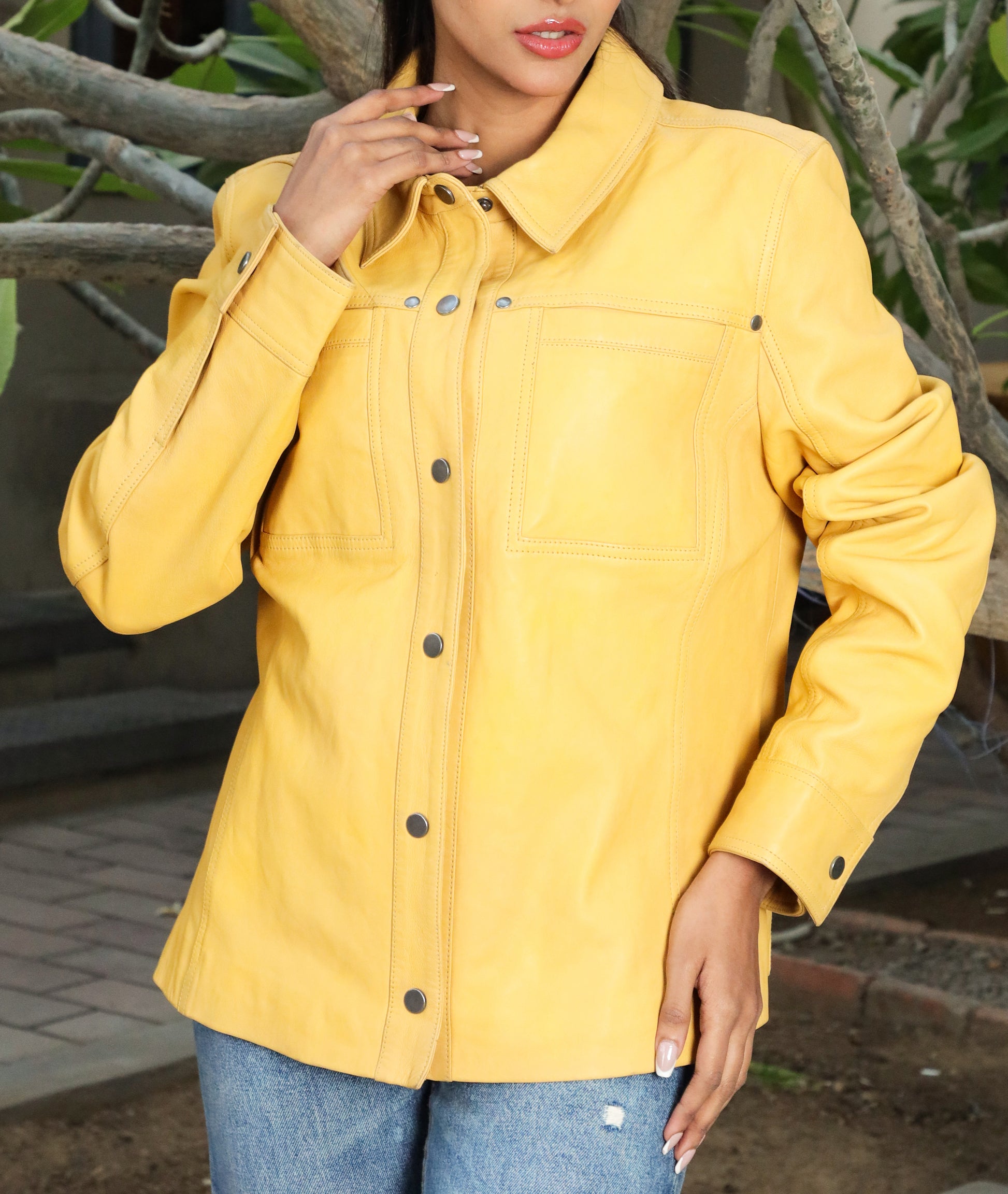 Button Front Lambskin Leather Blazer (Yellow)