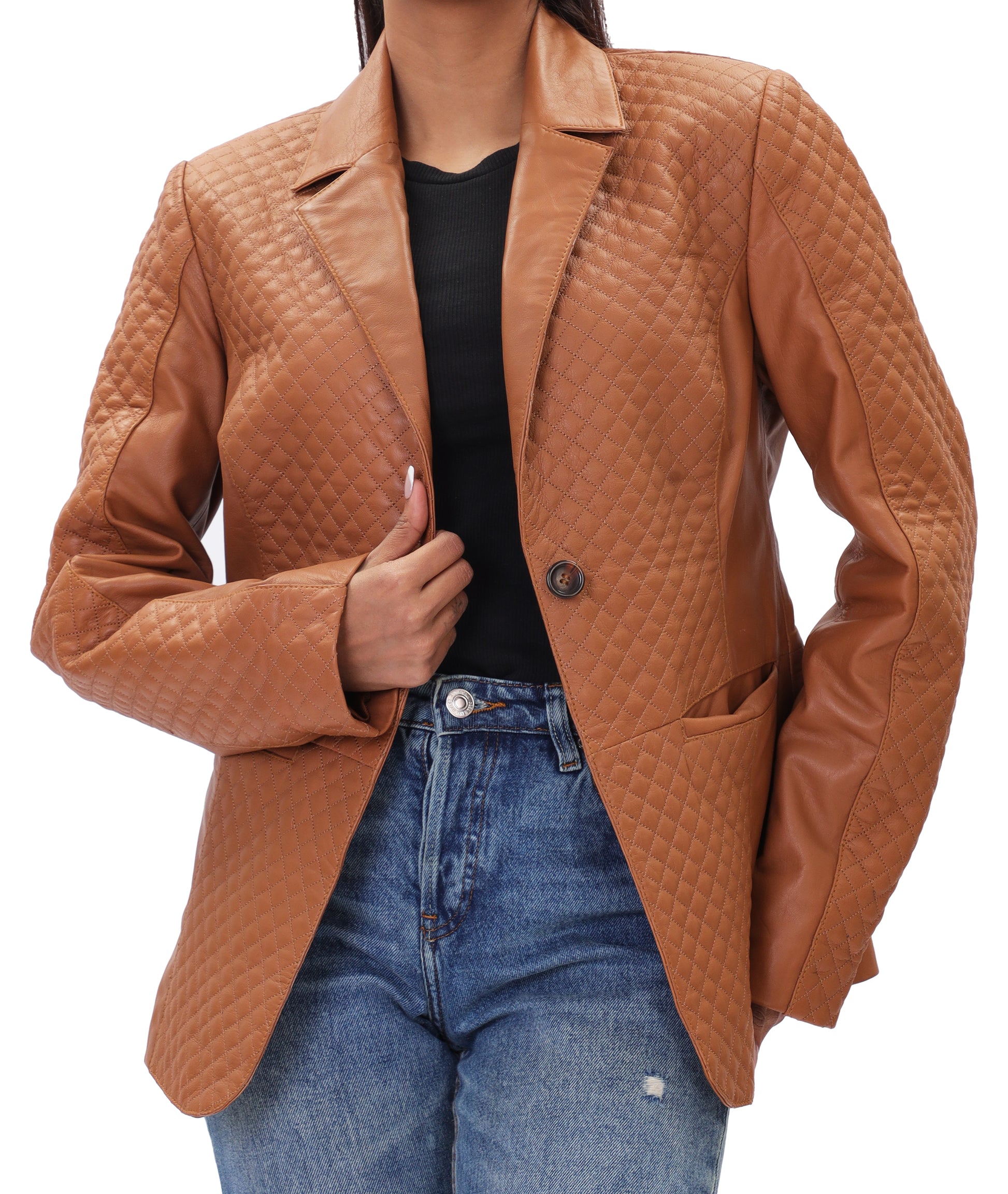 Quilted Front Lambskin Leather Blazer (Cognac)