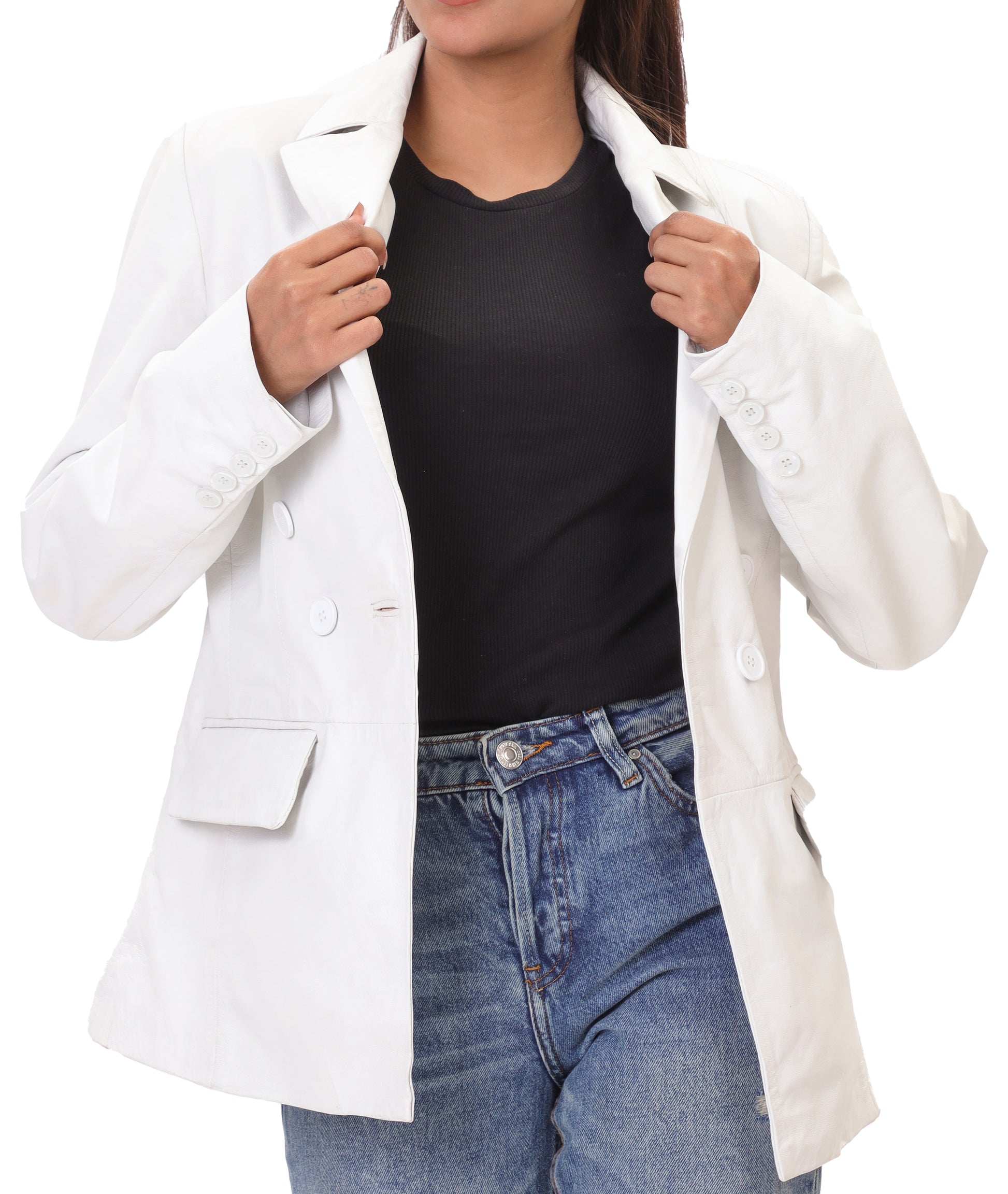Double Breasted Fancy Buttons Lambskin Leather Blazer (White)