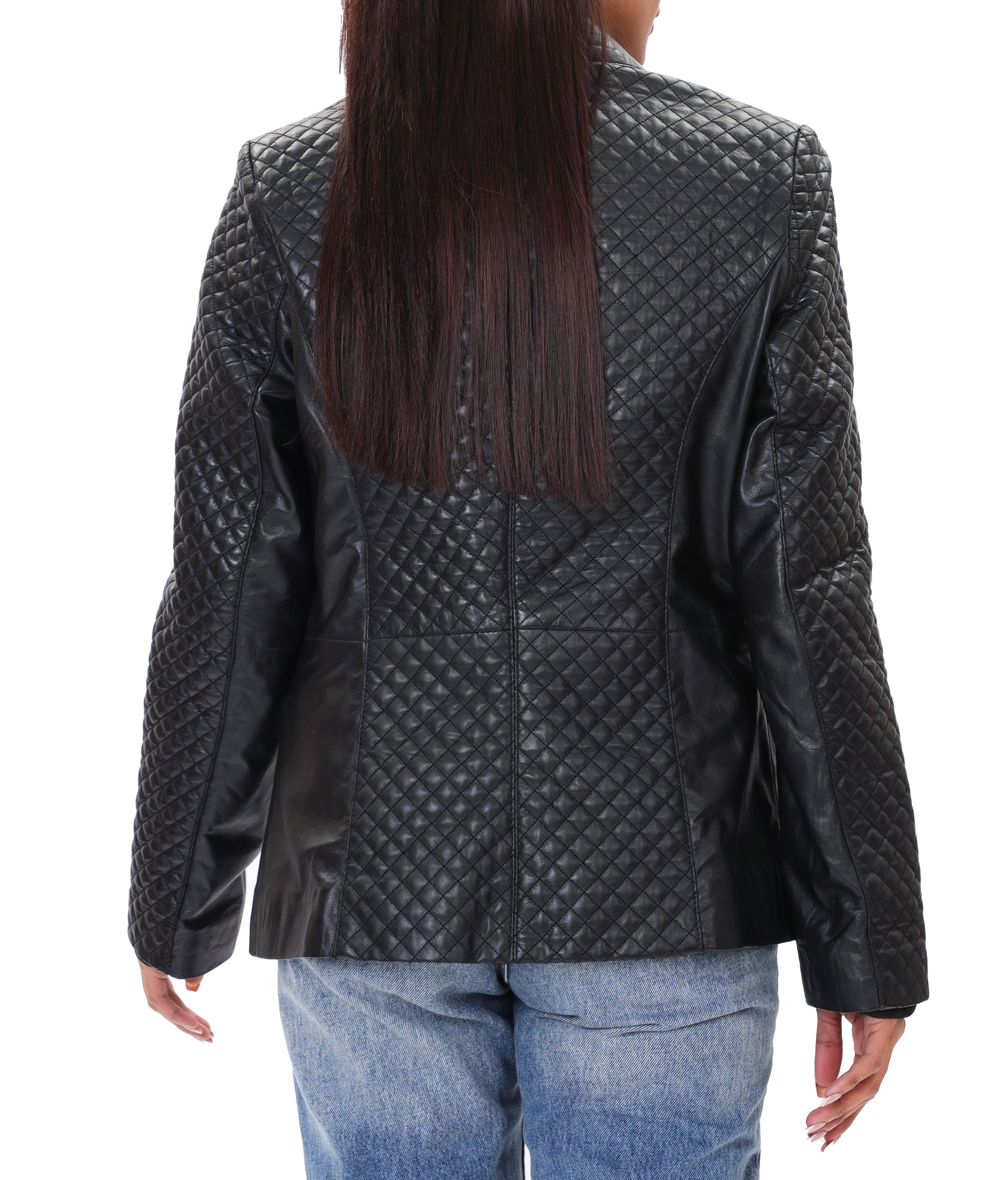 Quilted Front Lambskin Leather Blazer (Black)
