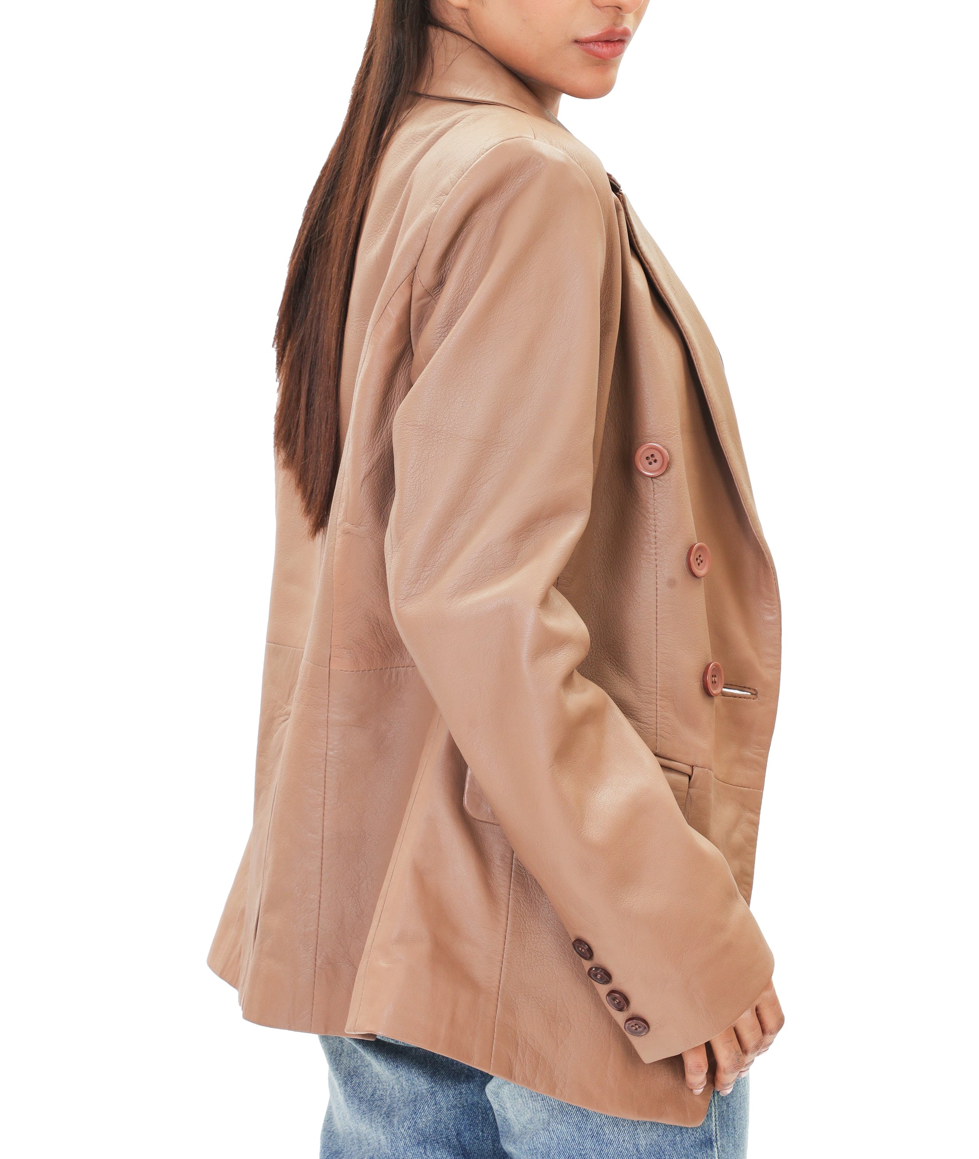 Double Breasted Fancy Buttons Lambskin Leather Blazer (Tan)