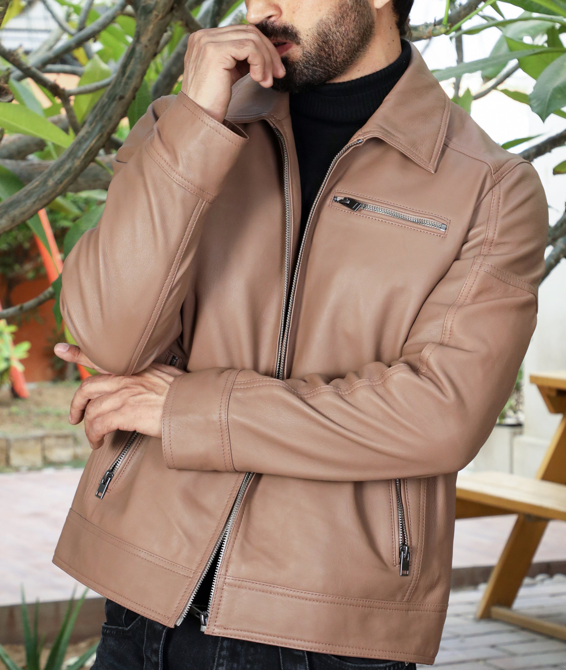 Polo Collar Premium Leather Jacket (Tan)
