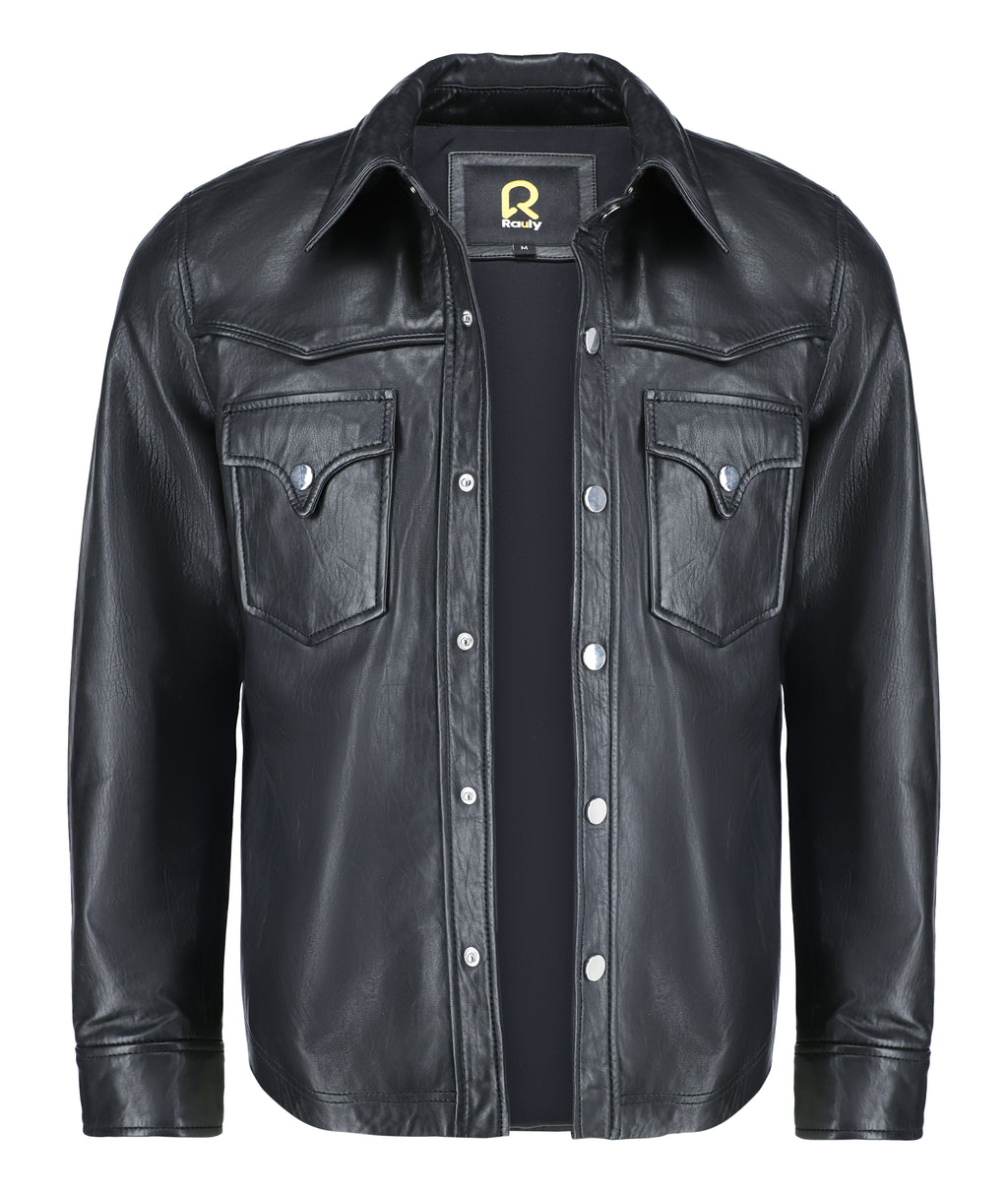 Leather Shirt - Lambskin Leather Blazer Men (Black)