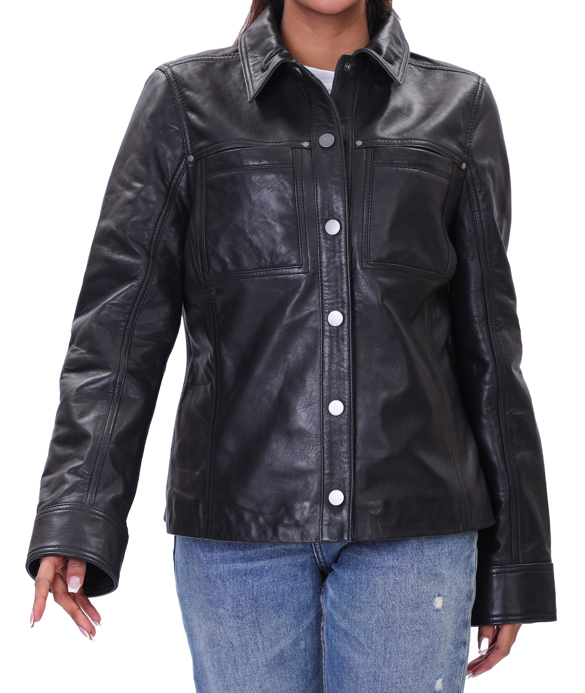 Button Front Lambskin Leather Blazer (Black)