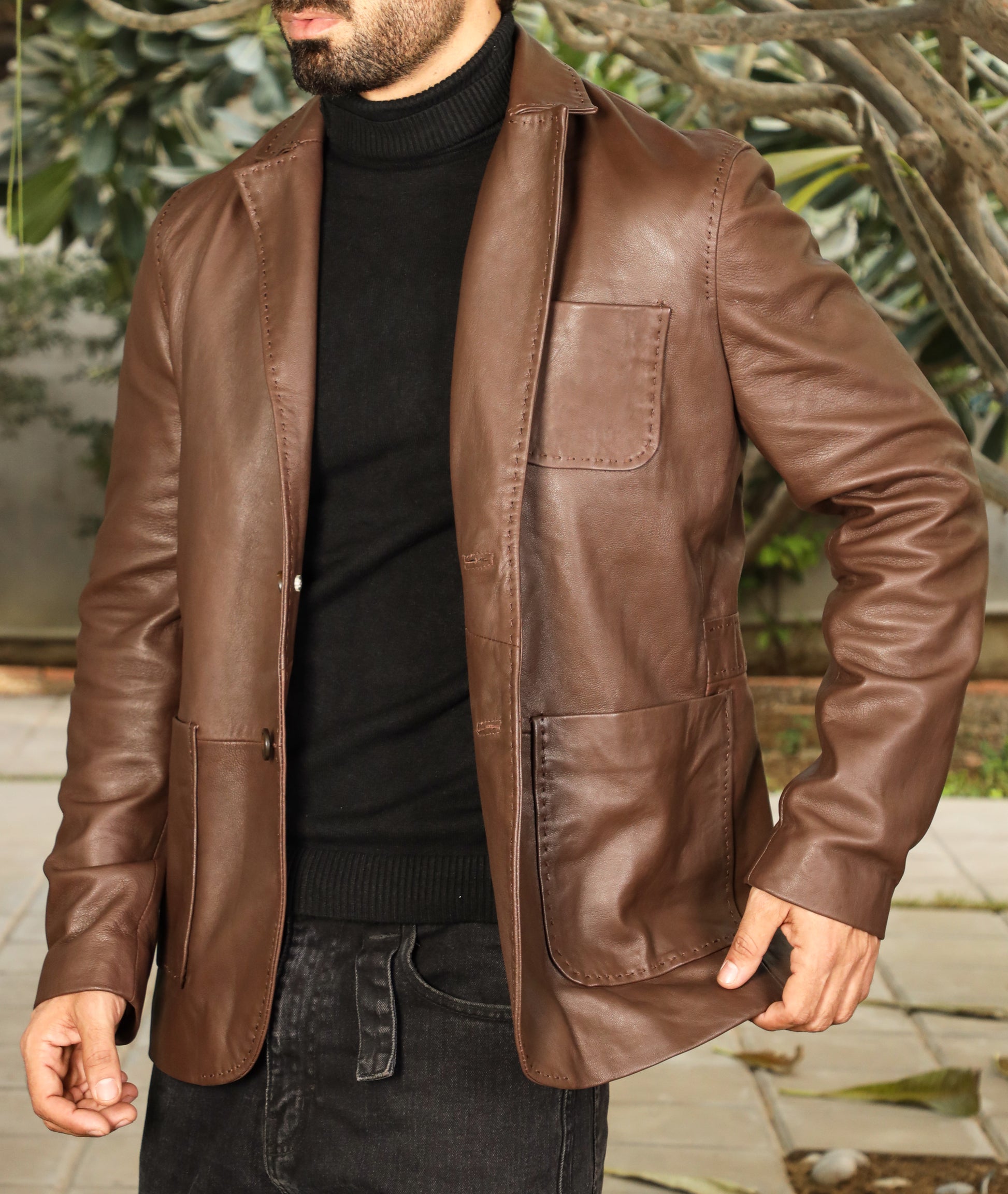 Lambskin Leather Blazer Men Casual Coat (Brown)