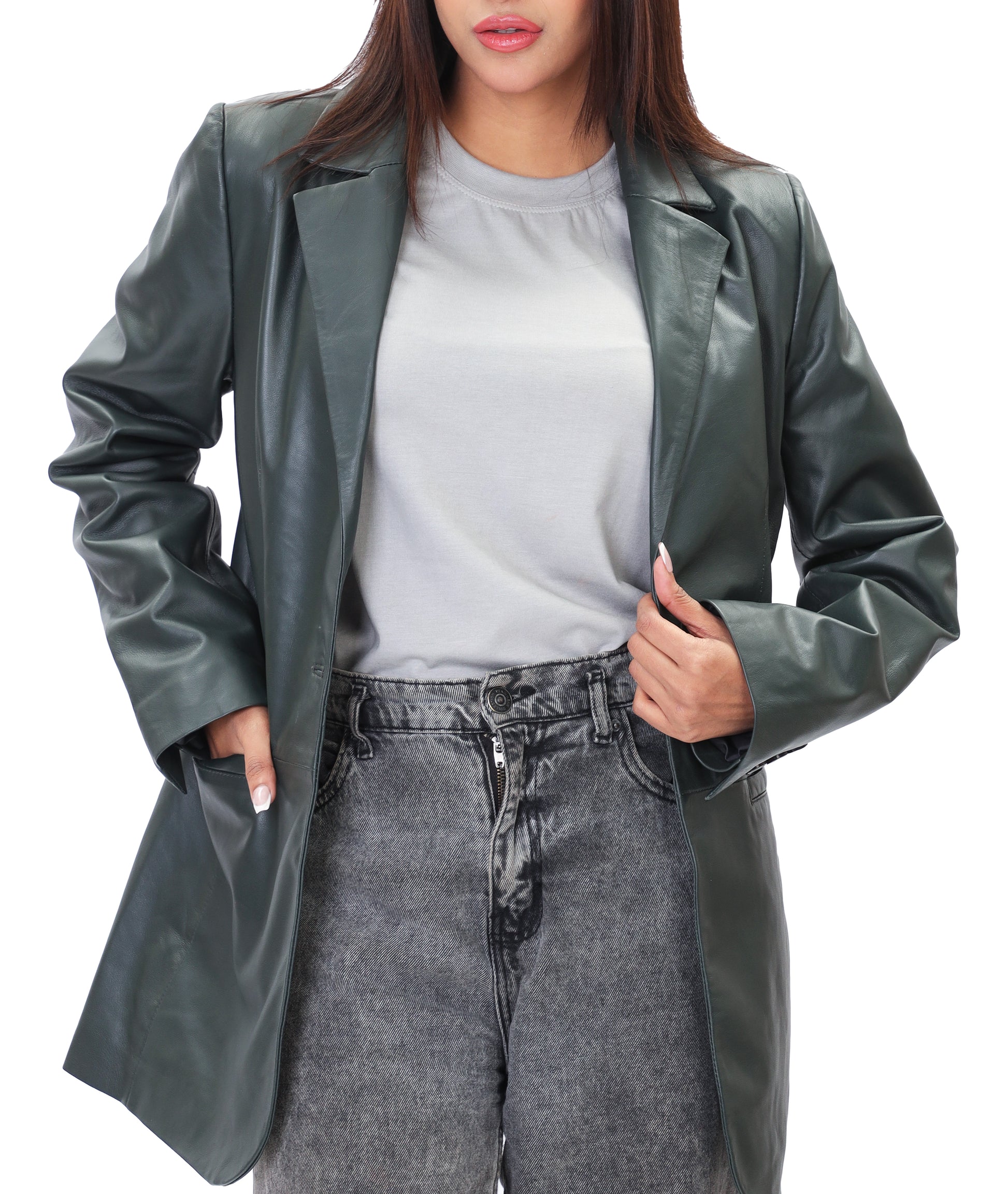 Classic 2-Button Lambskin Leather Blazer (Green)
