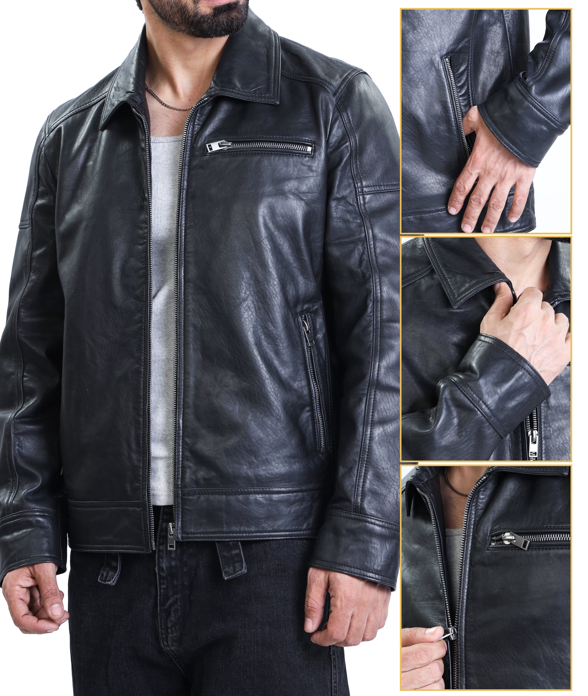 Polo Collar Premium Leather Jacket (Black)