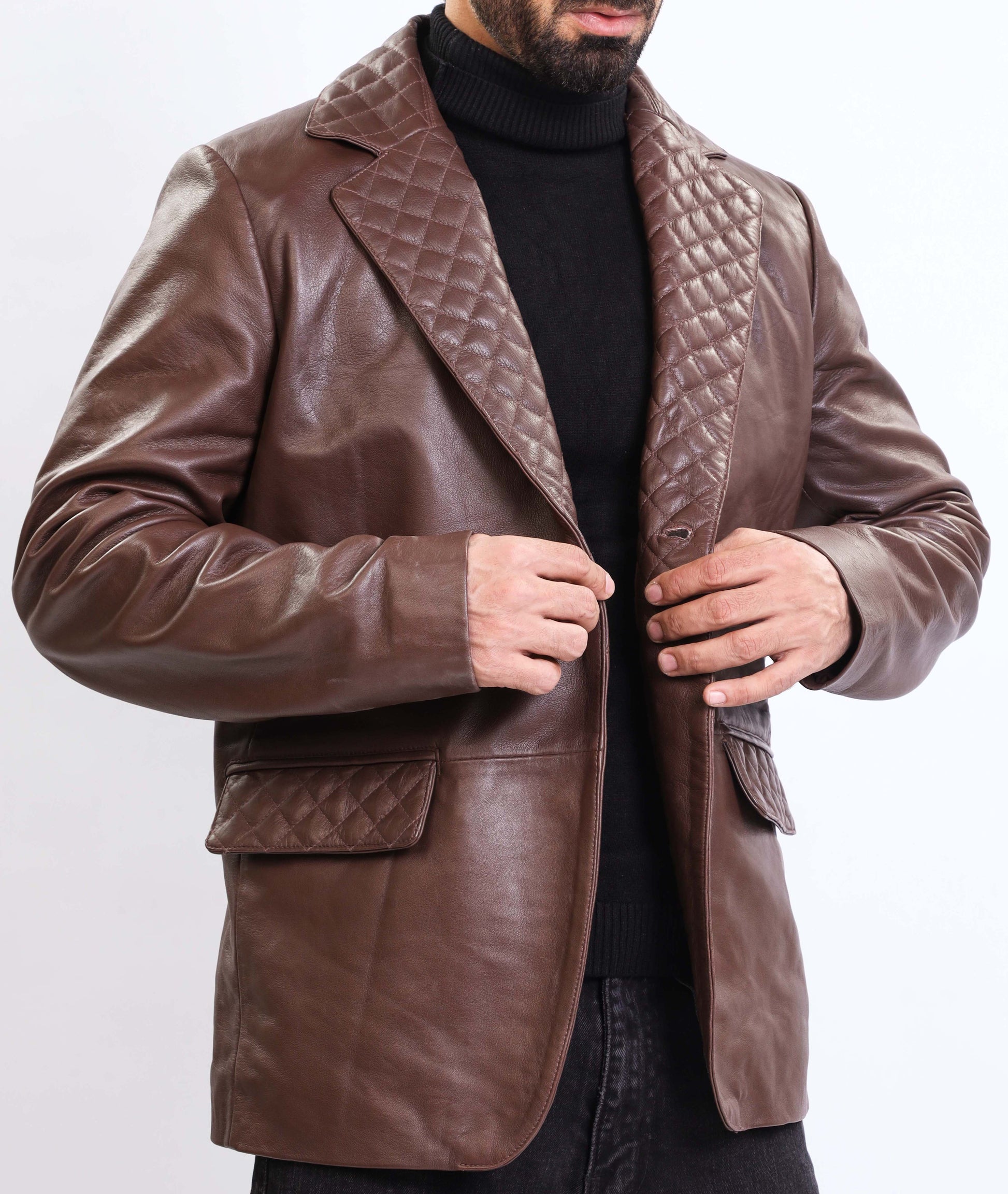 Notched Collar Lambskin Leather Blazer Men (Brown)