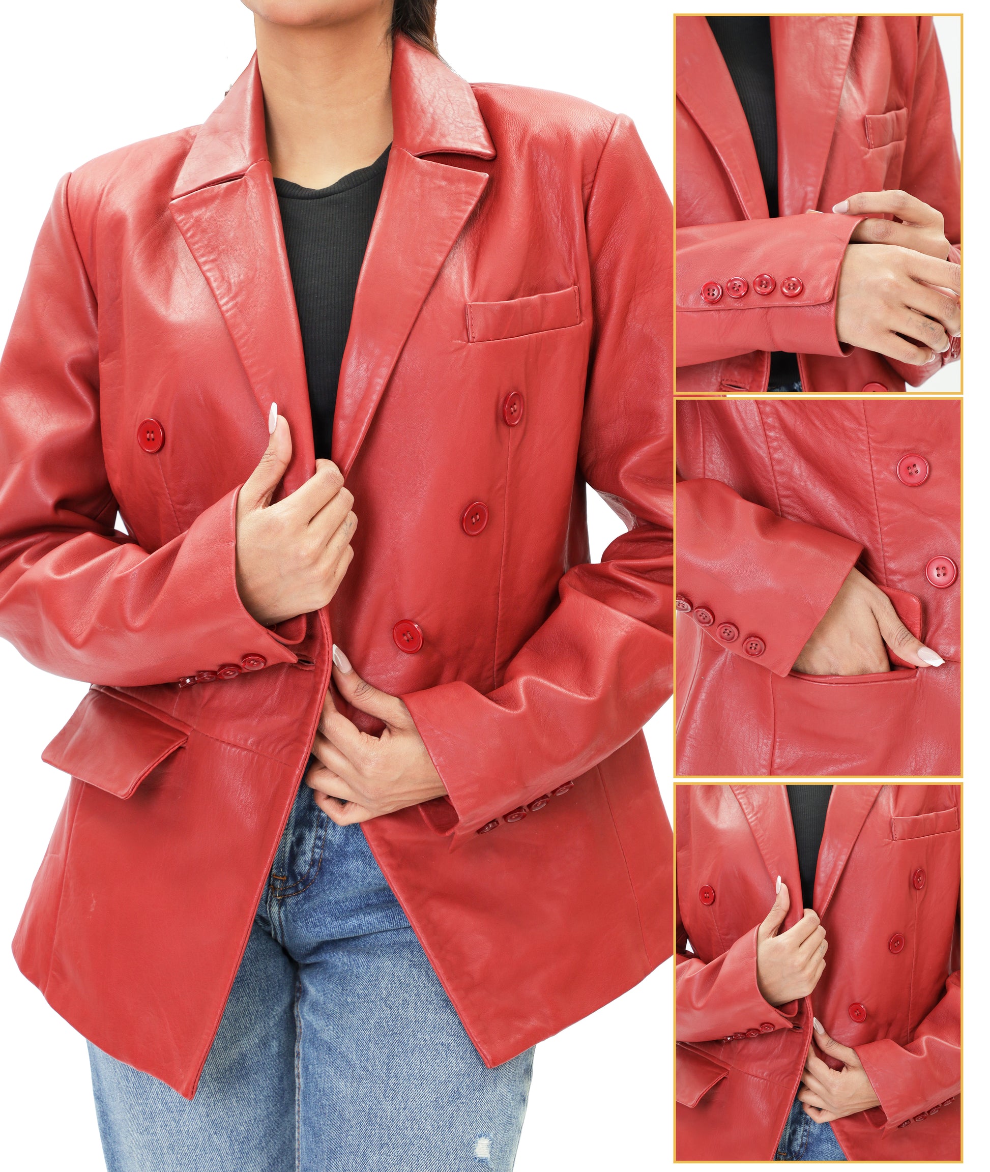 Double Breasted Fancy Buttons Lambskin Leather Blazer (Red)