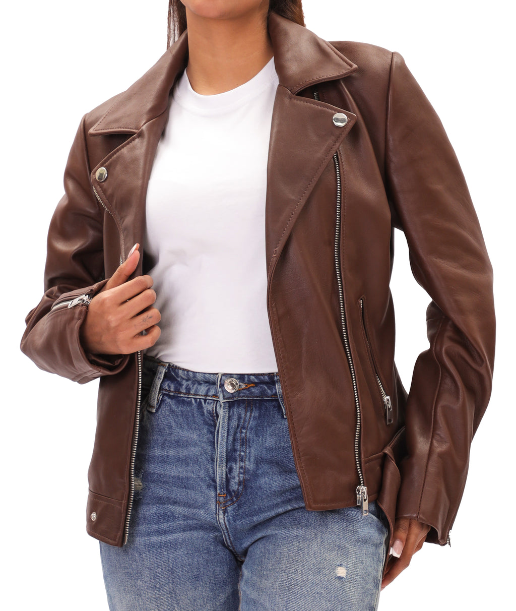 Biker Style Vintage Leather Jacket Women | Zipper (Brown)