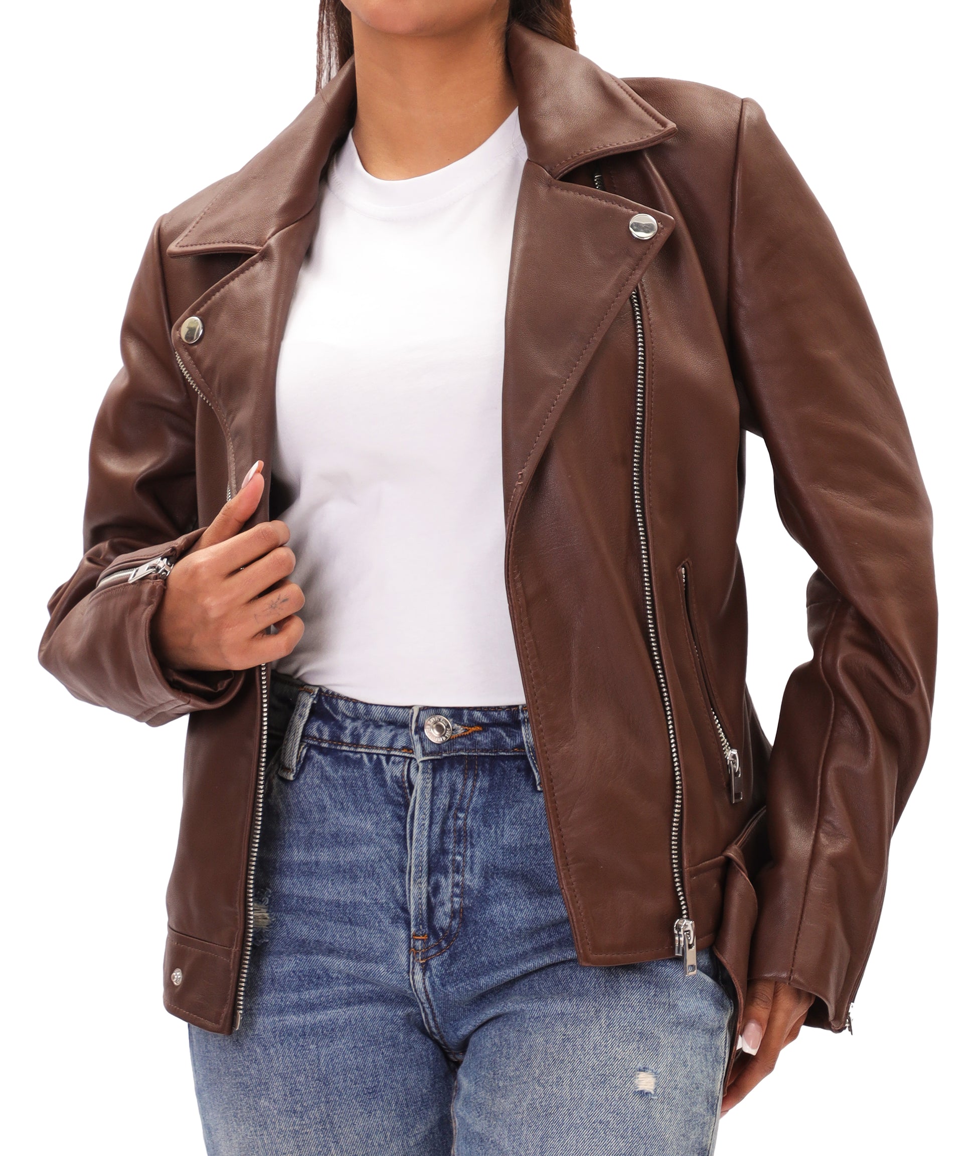 Biker Style Vintage Leather Jacket Women | Zipper (Brown)
