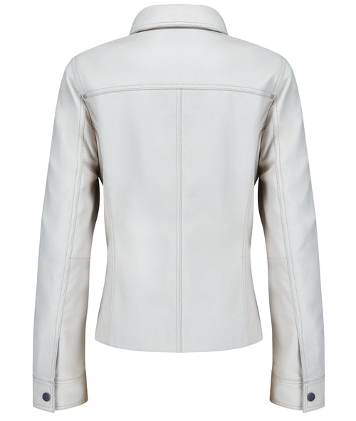 Button Front Lambskin Leather Blazer (Ash White)