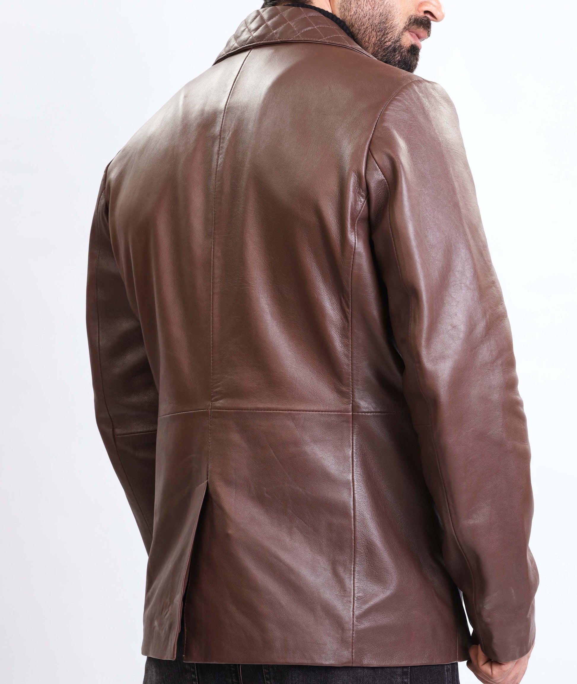 Notched Collar Lambskin Leather Blazer Men (Brown)