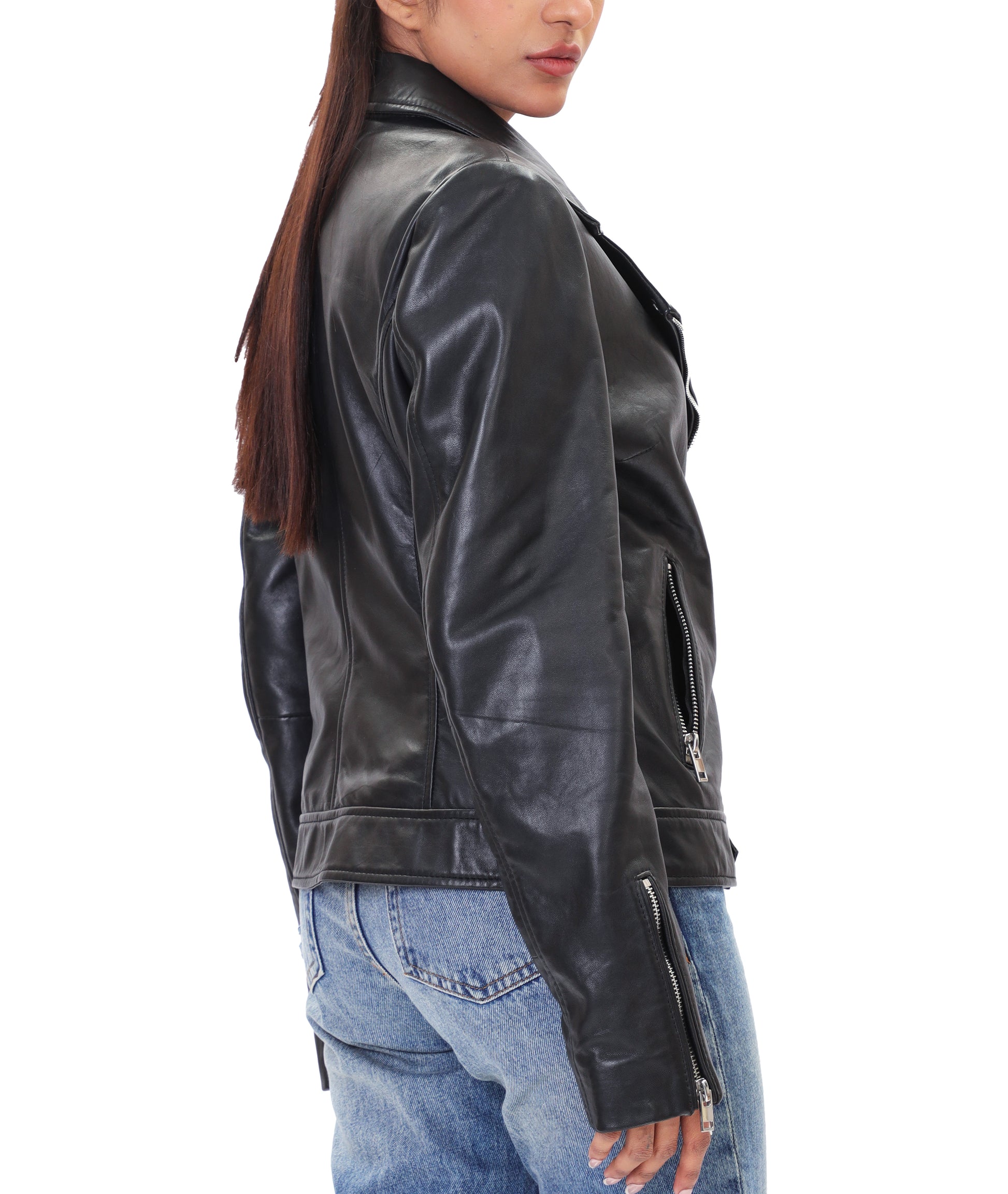 Biker Style Vintage Leather Jacket Women | Zipper (Black)