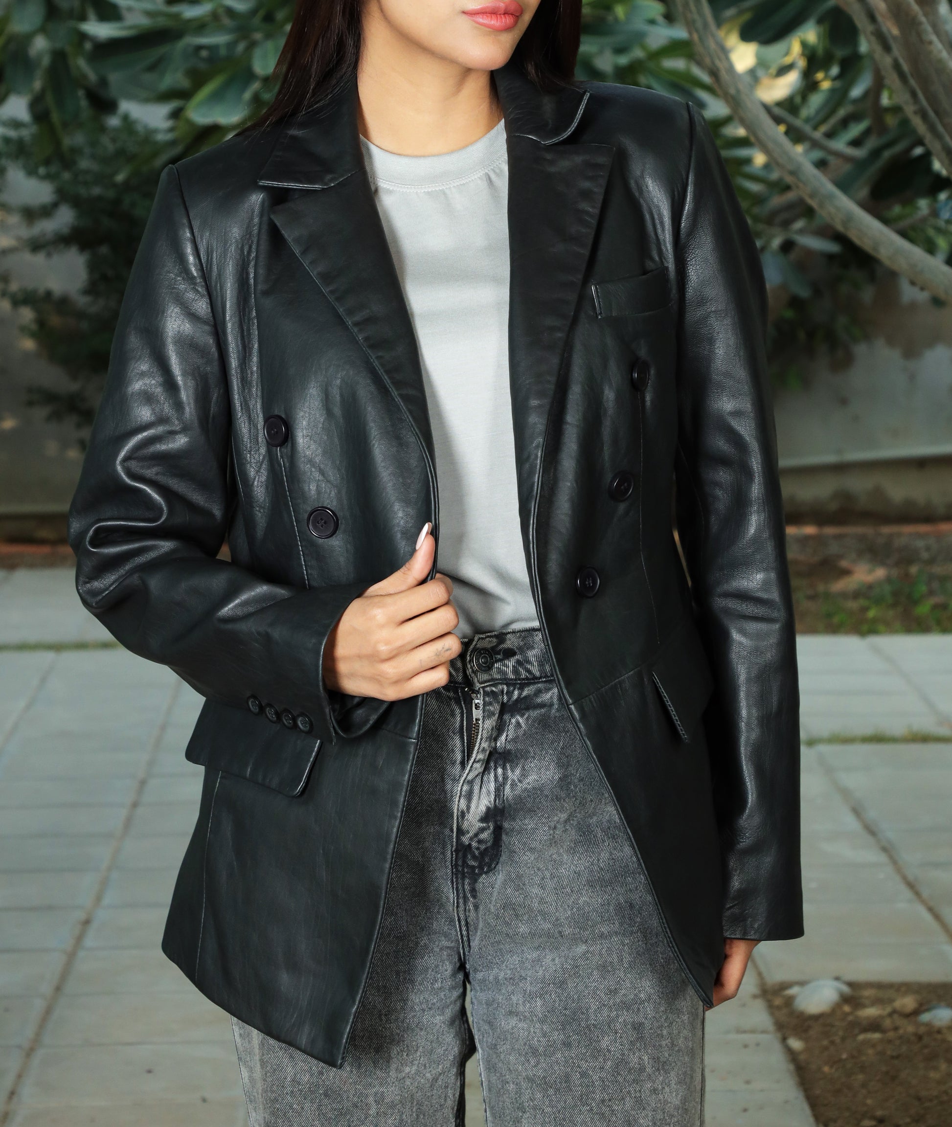 Double Breasted Fancy Buttons Lambskin Leather Blazer (Black)