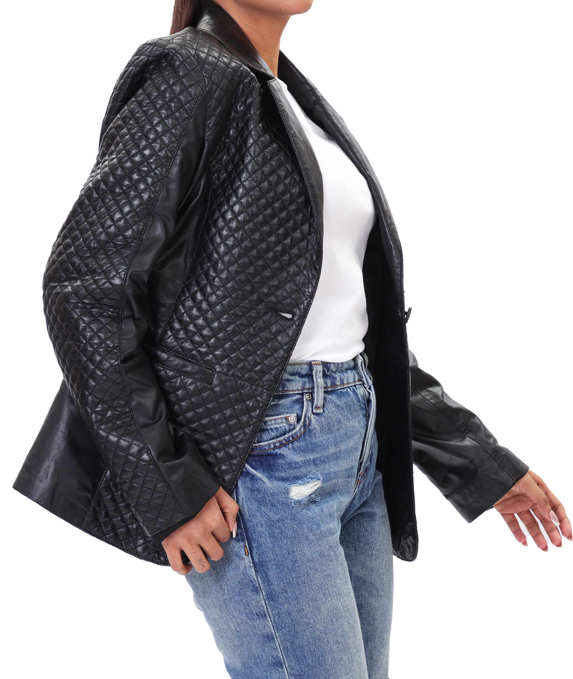 Quilted Front Lambskin Leather Blazer (Black)
