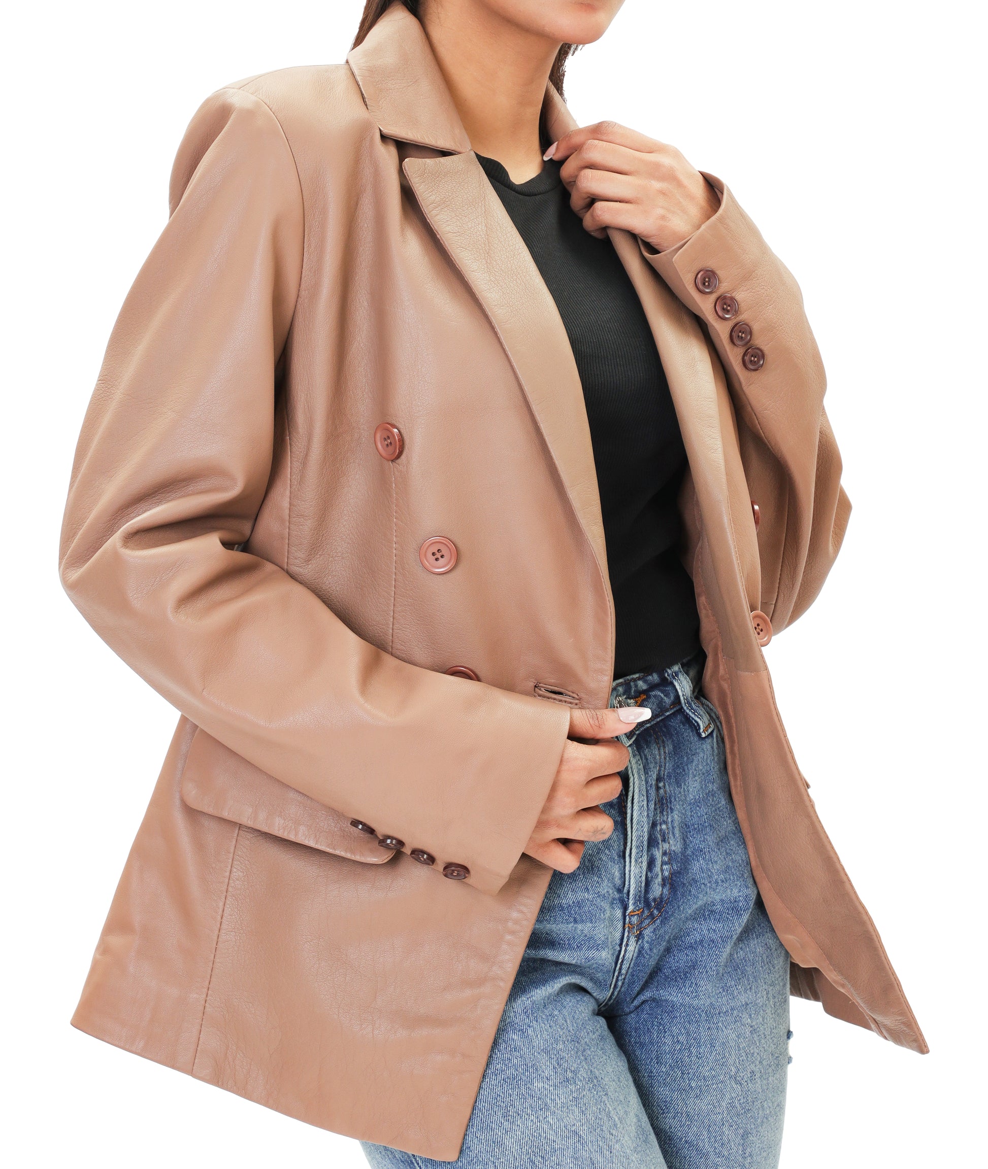 Double Breasted Fancy Buttons Lambskin Leather Blazer (Tan)