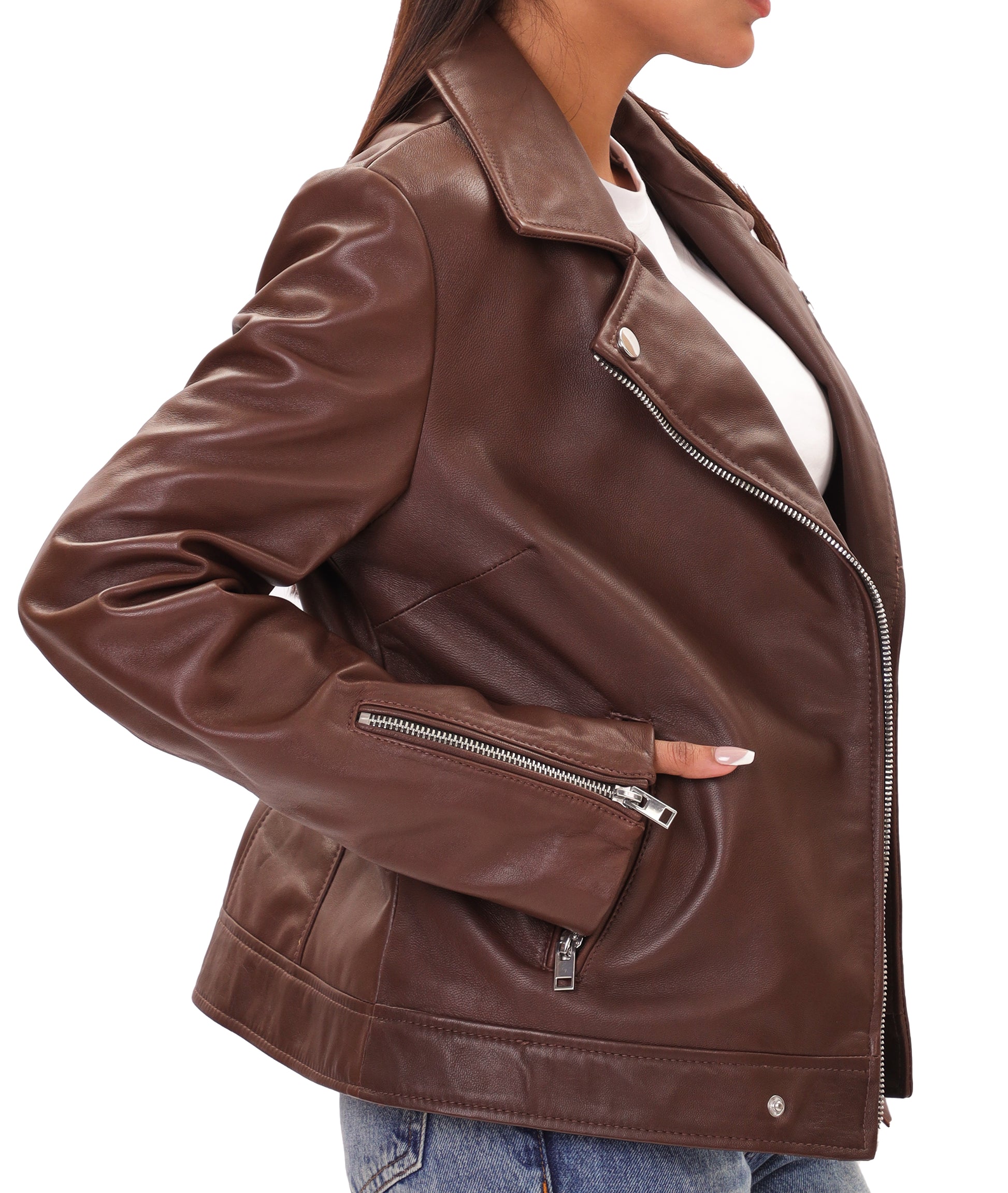Biker Style Vintage Leather Jacket Women | Zipper (Brown)