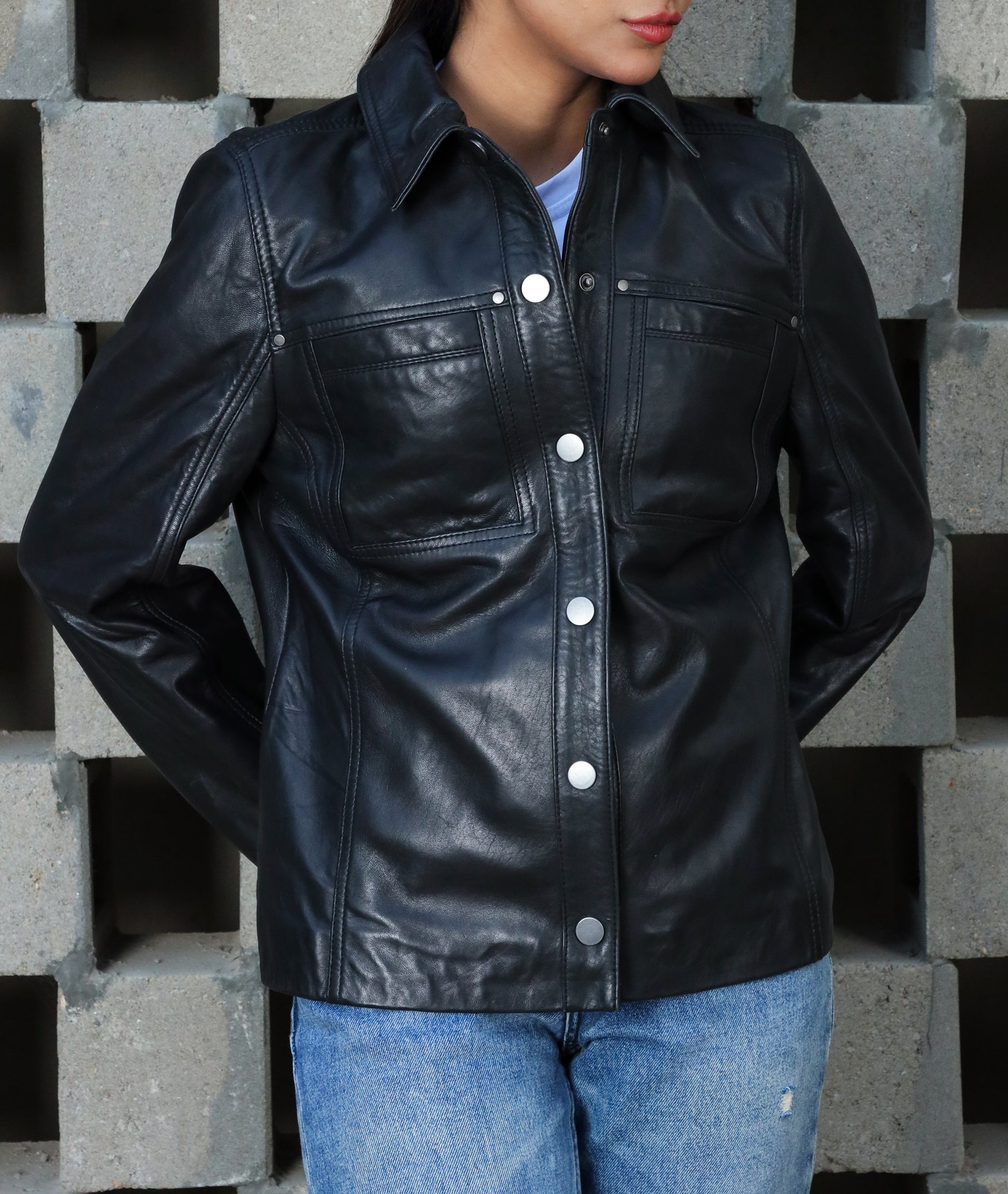 Button Front Lambskin Leather Blazer (Black)