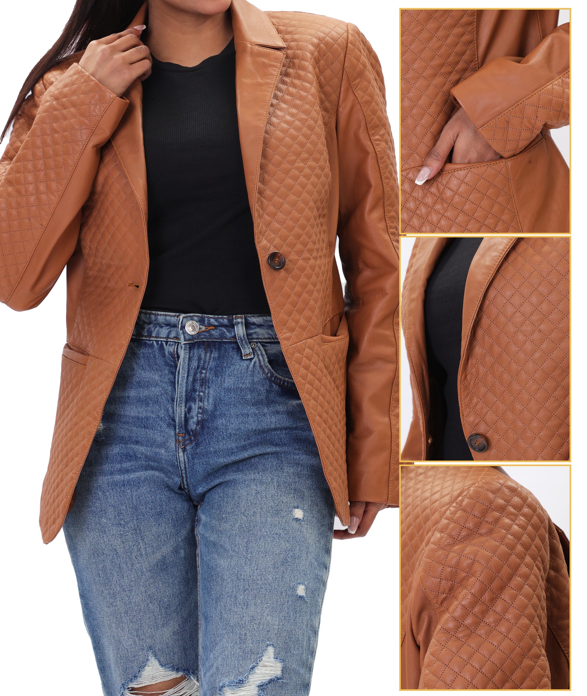 Quilted Front Lambskin Leather Blazer (Cognac)